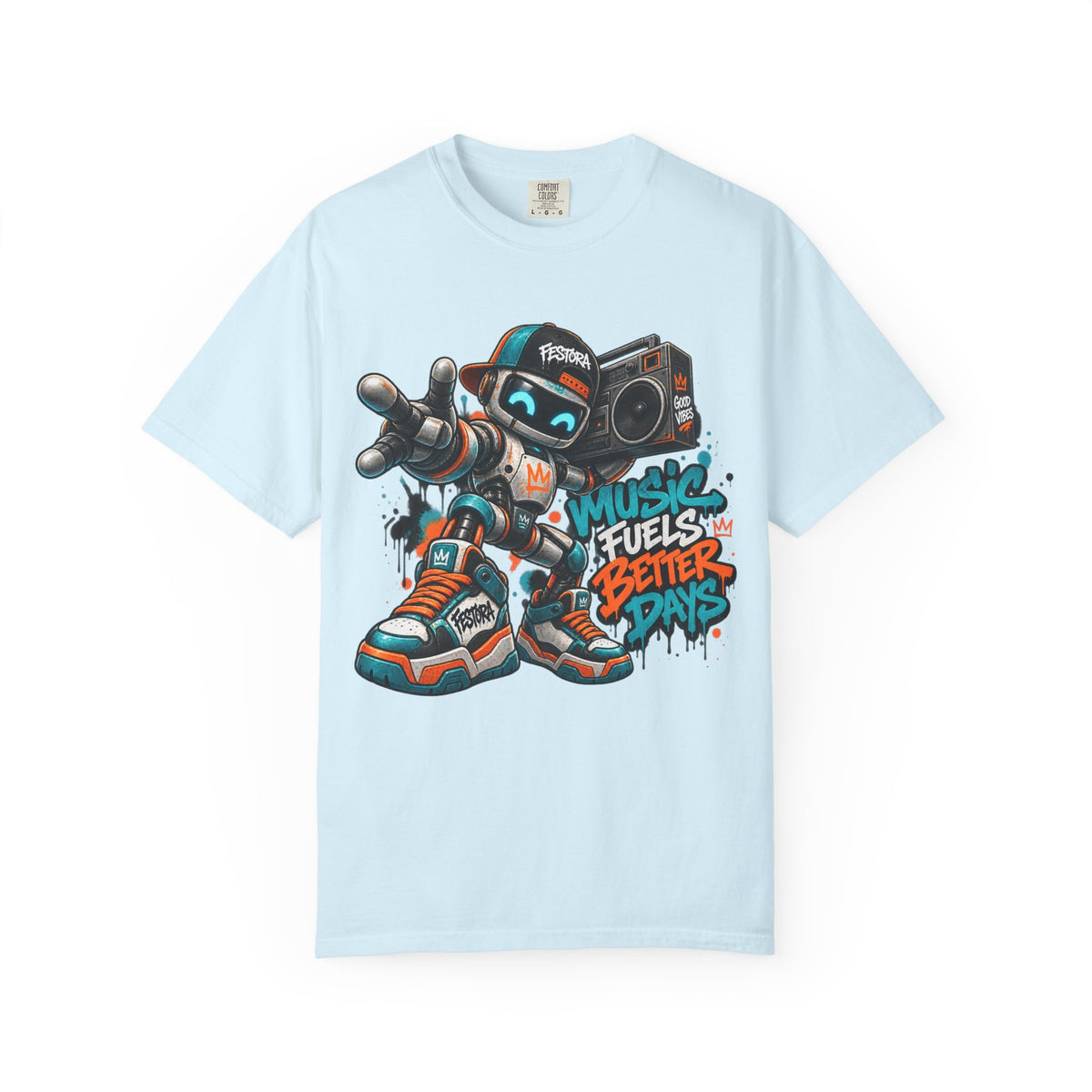 Music Fuels Better Days T-Shirt — Retro Robot Boombox Streetwear