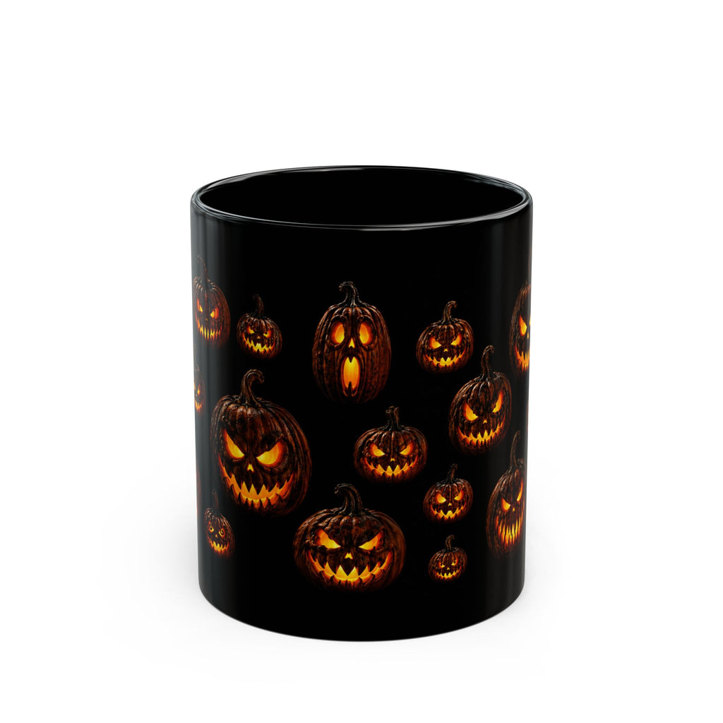 Glowing Evil Jack-O'-Lantern Black Mug - Halloween Pumpkin Wraparound Design (11oz, 15oz)