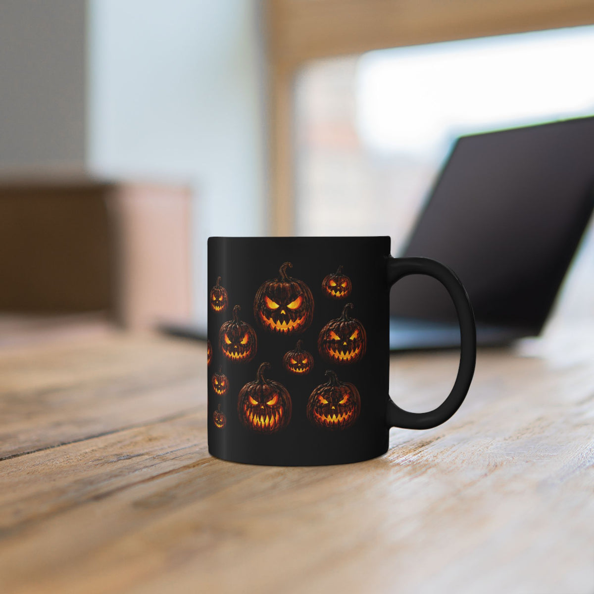 Glowing Evil Jack-O'-Lantern Black Mug - Halloween Pumpkin Wraparound Design (11oz, 15oz)