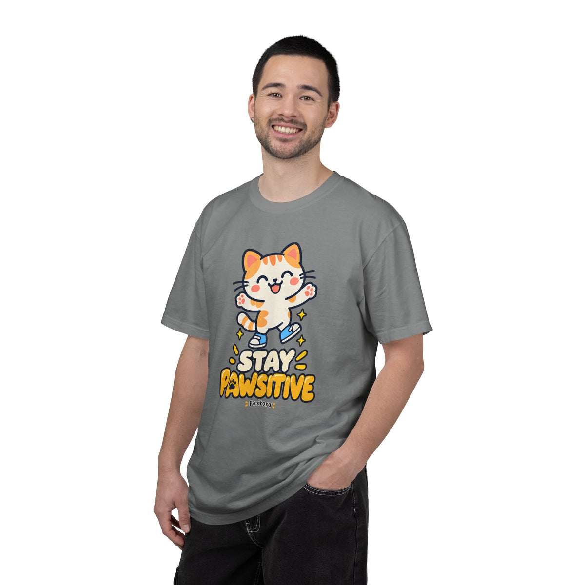Stay Pawsitive – Cute Happy Cat Graphic T-Shirt