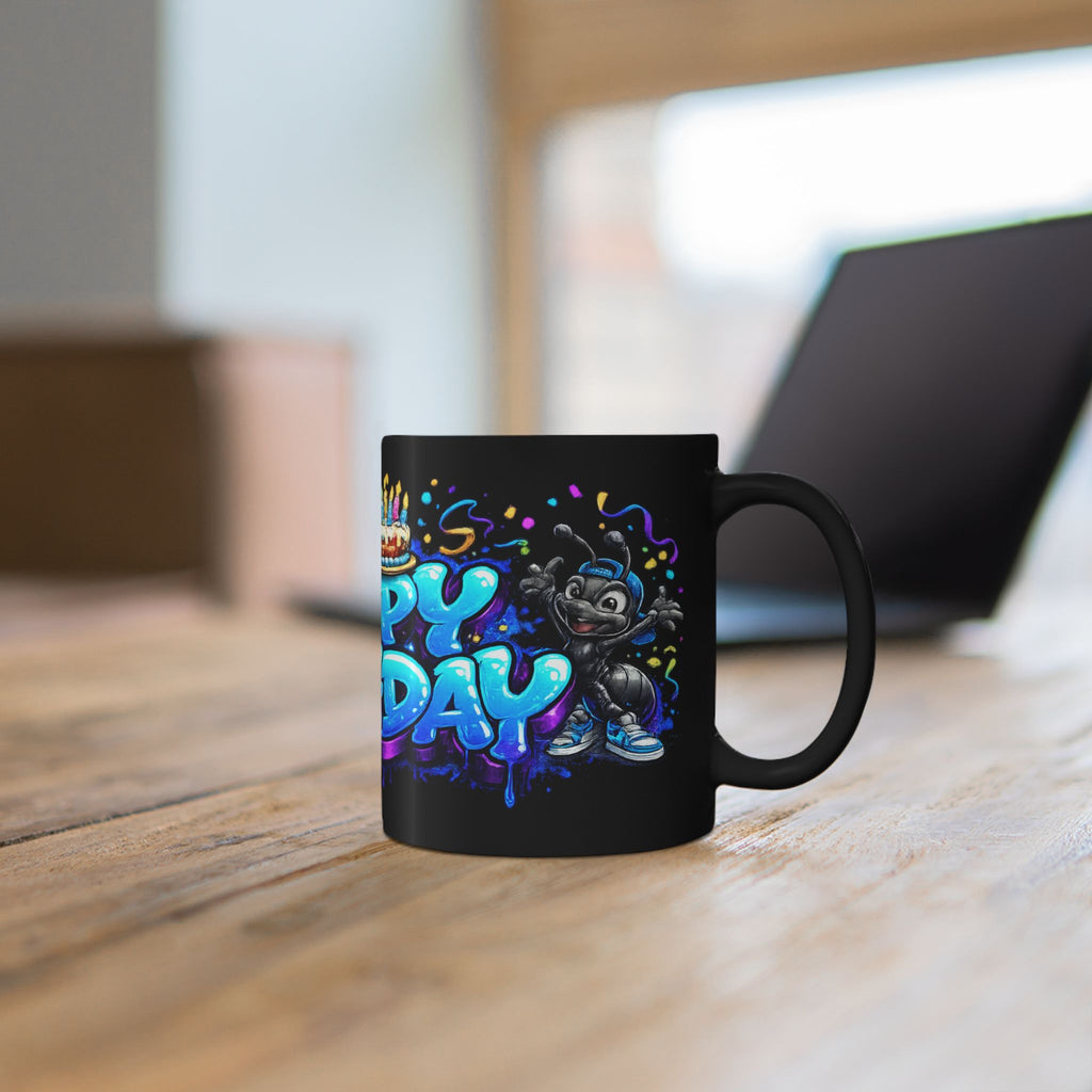 Happy Birthday Black Mug — Colorful Graffiti Cake & Cartoon Character Birthday Coffee Cup (11oz/15oz)