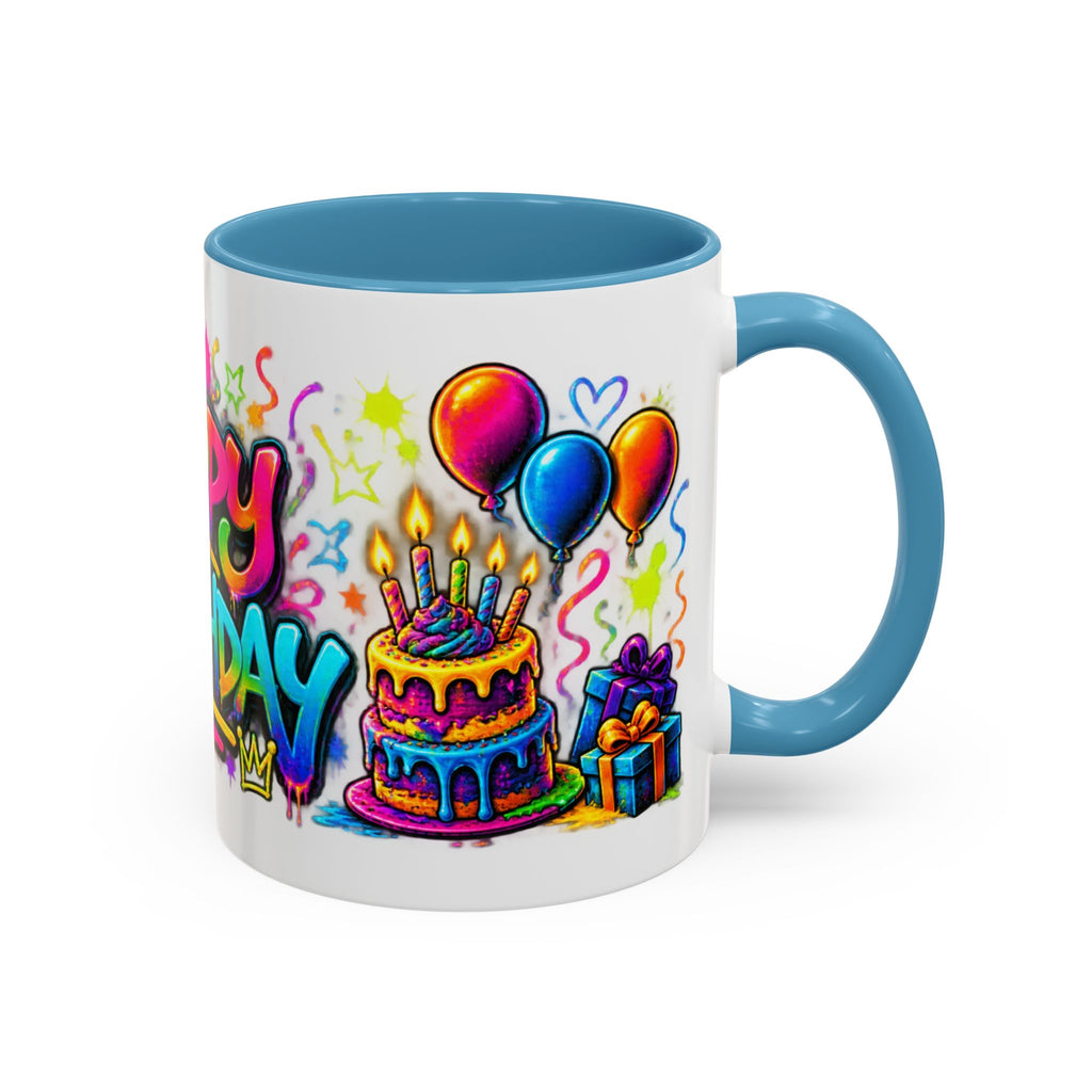 Happy Birthday Accent Coffee Mug – Colorful Graffiti Cake & Balloons (11/15oz)