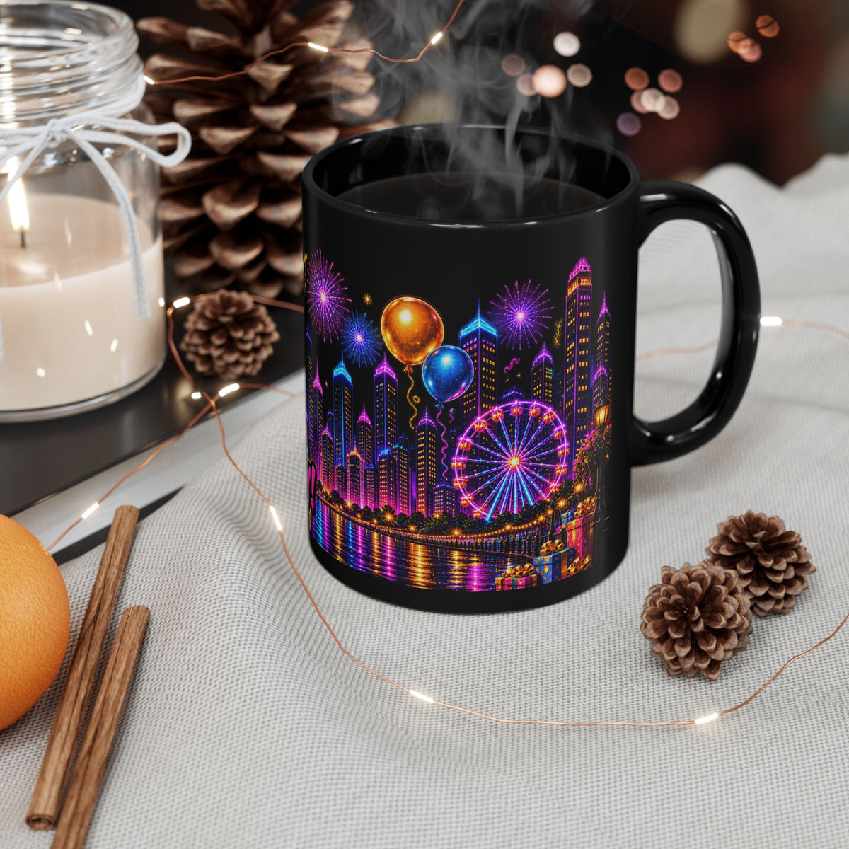 Happy Birthday Neon City Night Mug – Colorful Fireworks & Balloons
