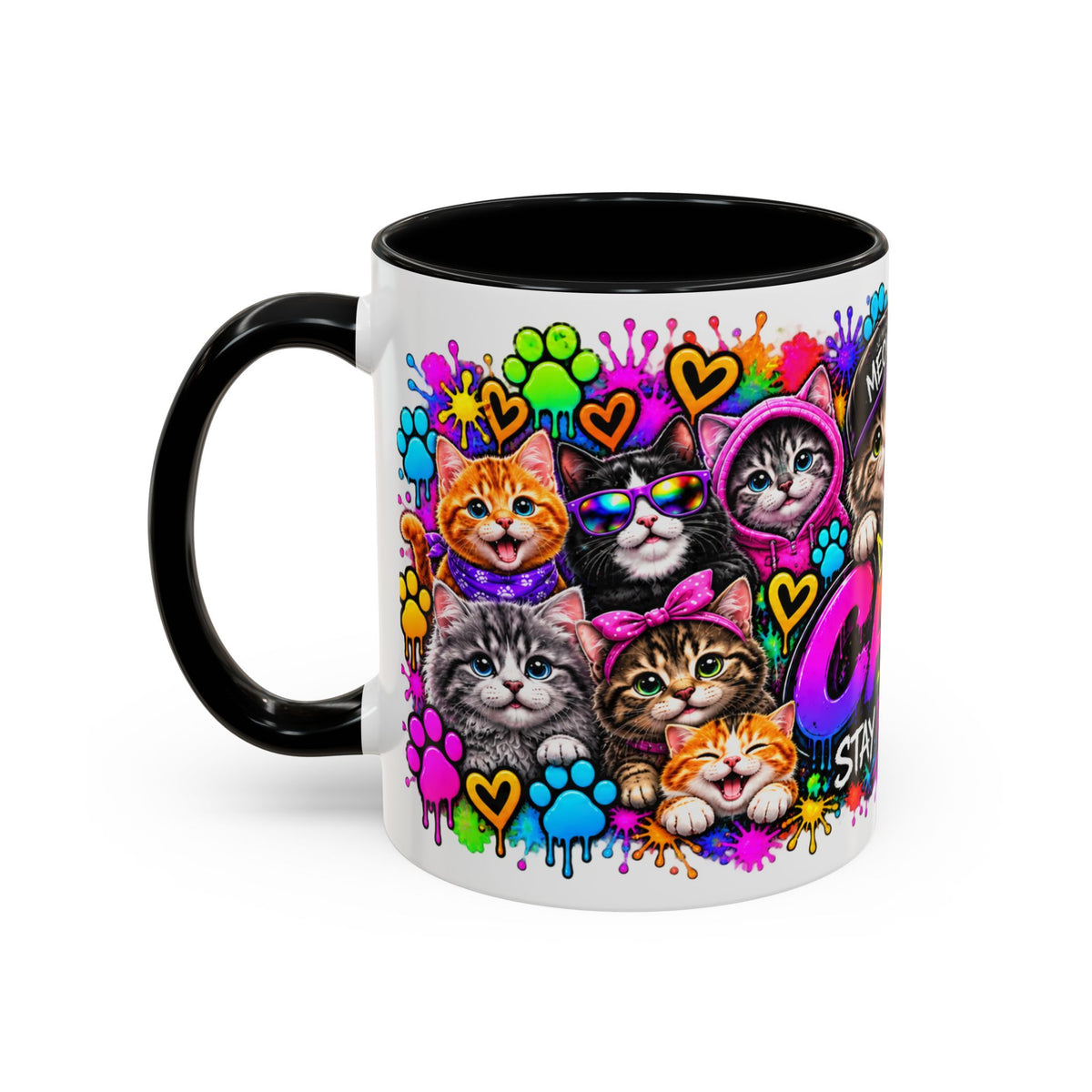 Cats Stay Pawsitive Accent Coffee Mug – Colorful Cute Cat Paw Print Design (11oz)
