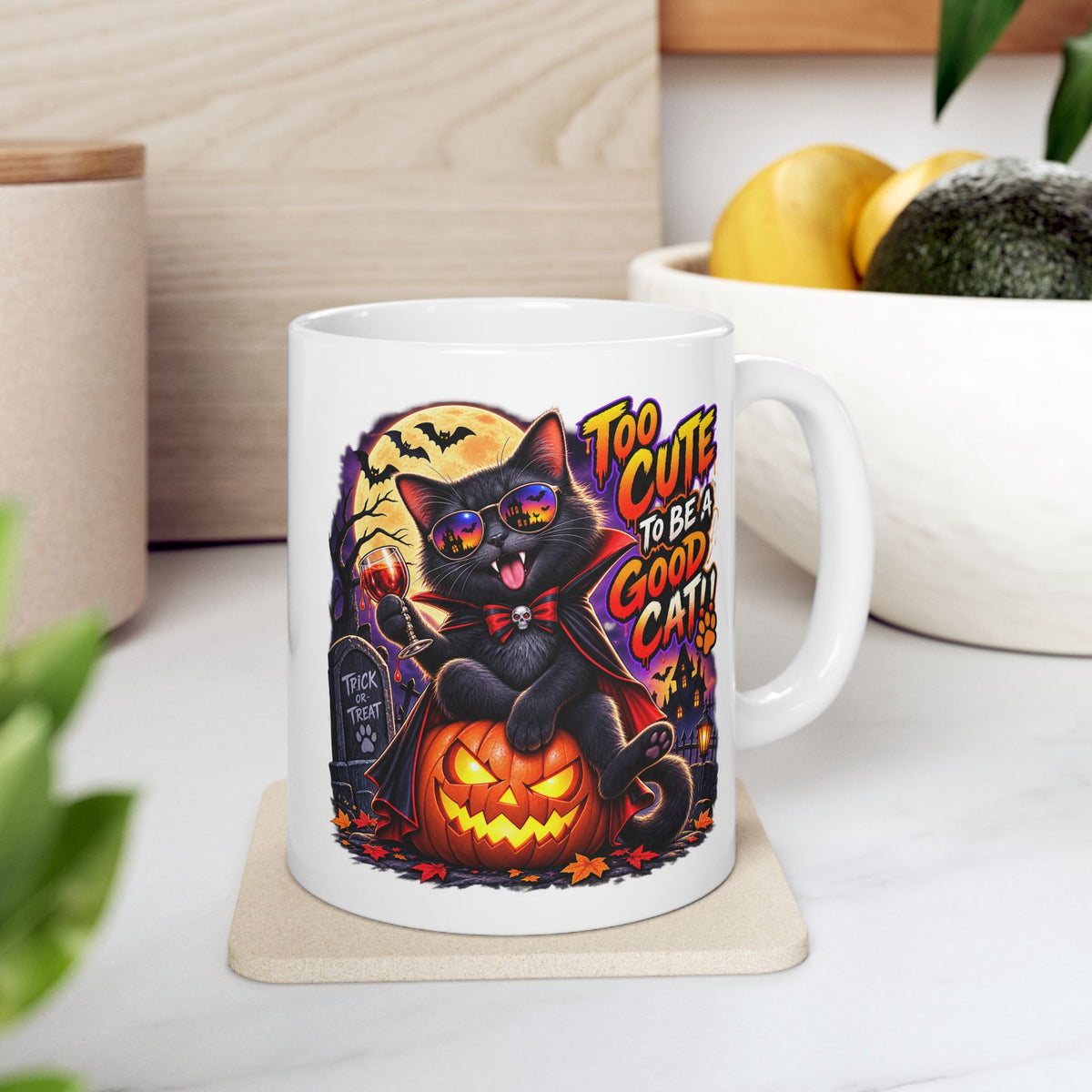 Halloween Cat Mug - “Too Cute to Be a Good Cat” Ceramic Coffee Cup (11oz/15oz)
