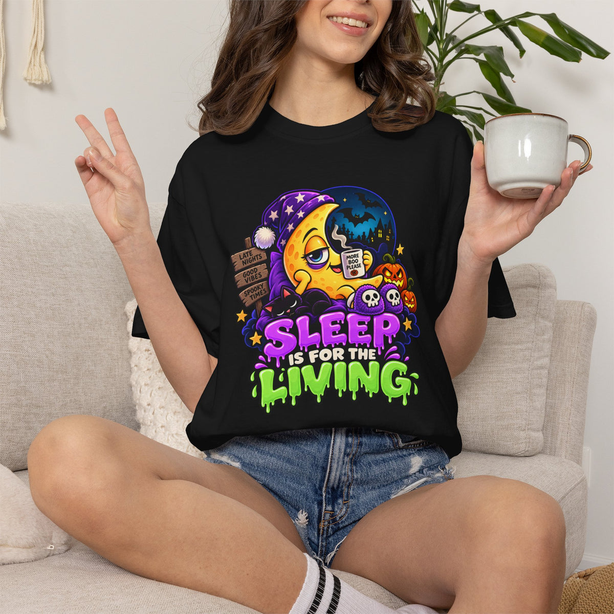 Sleep Is for the Living – Funny Halloween Moon T-Shirt