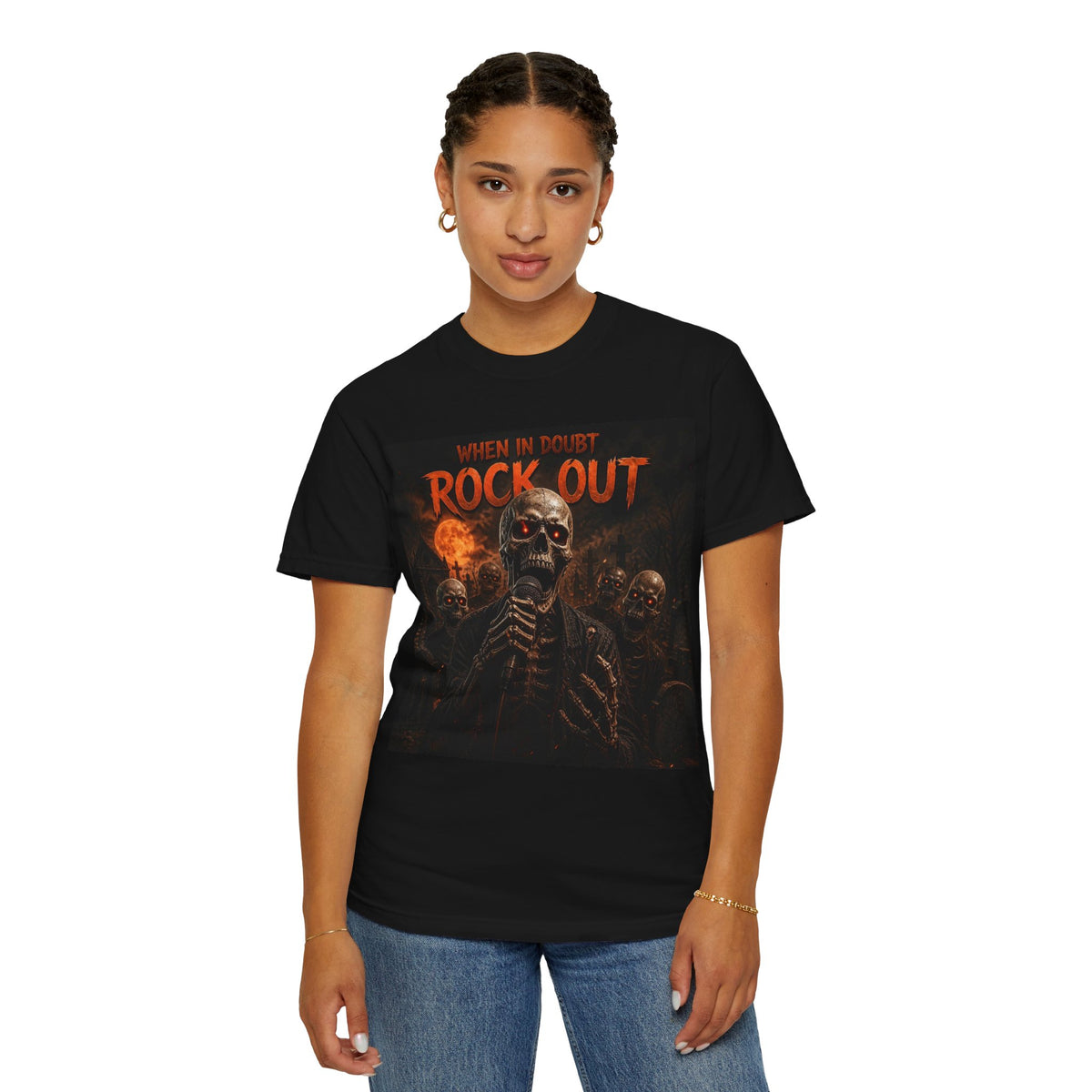 Rock Out Skeleton Halloween  Band T-Shirt — "When in Doubt Rock Out" Graphic Tee