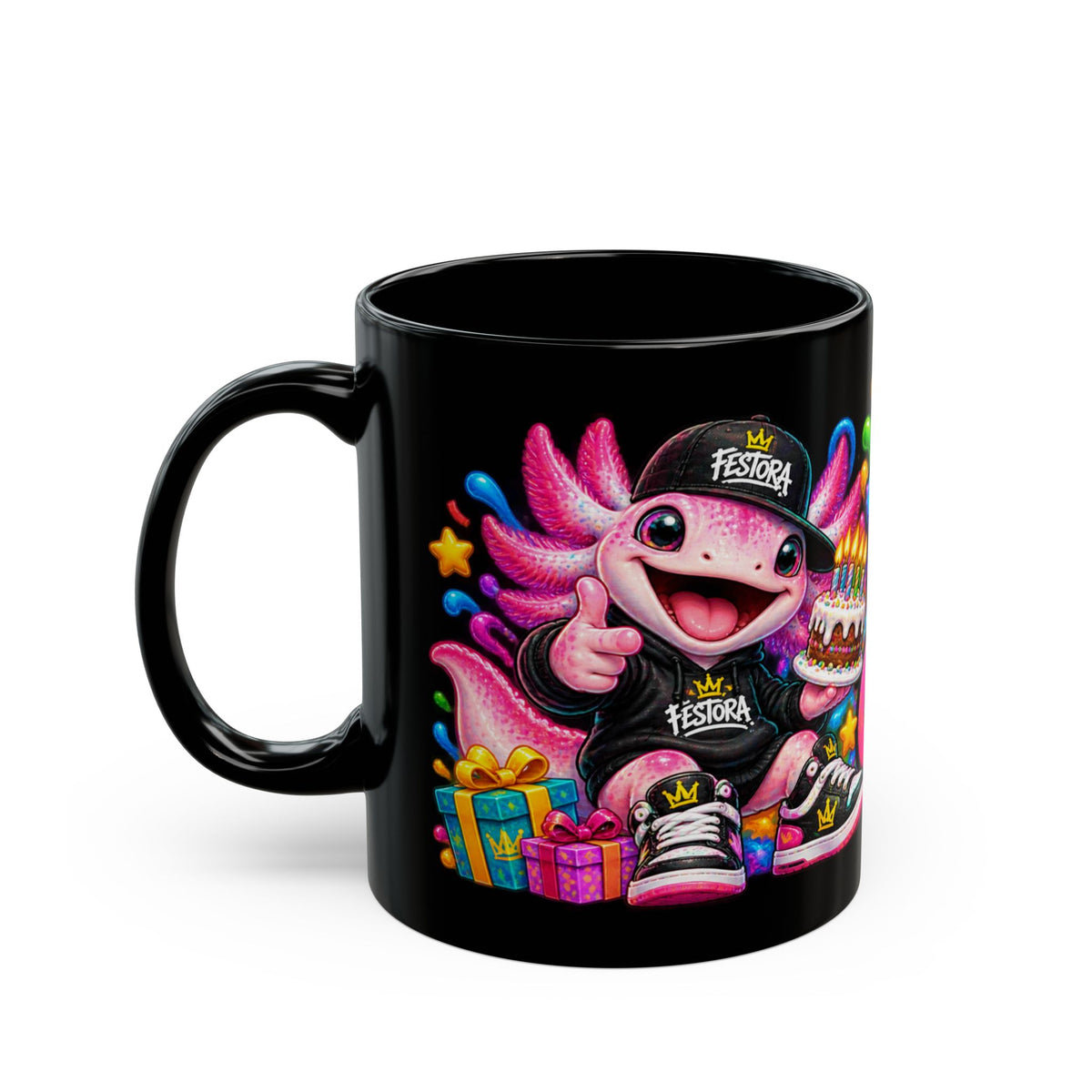 BORN TO CELEBRATE! Black Ceramic Mug – Cute Axolotl Birthday Coffee Cup – Colorful Party Gift – Original FestoraShop Design