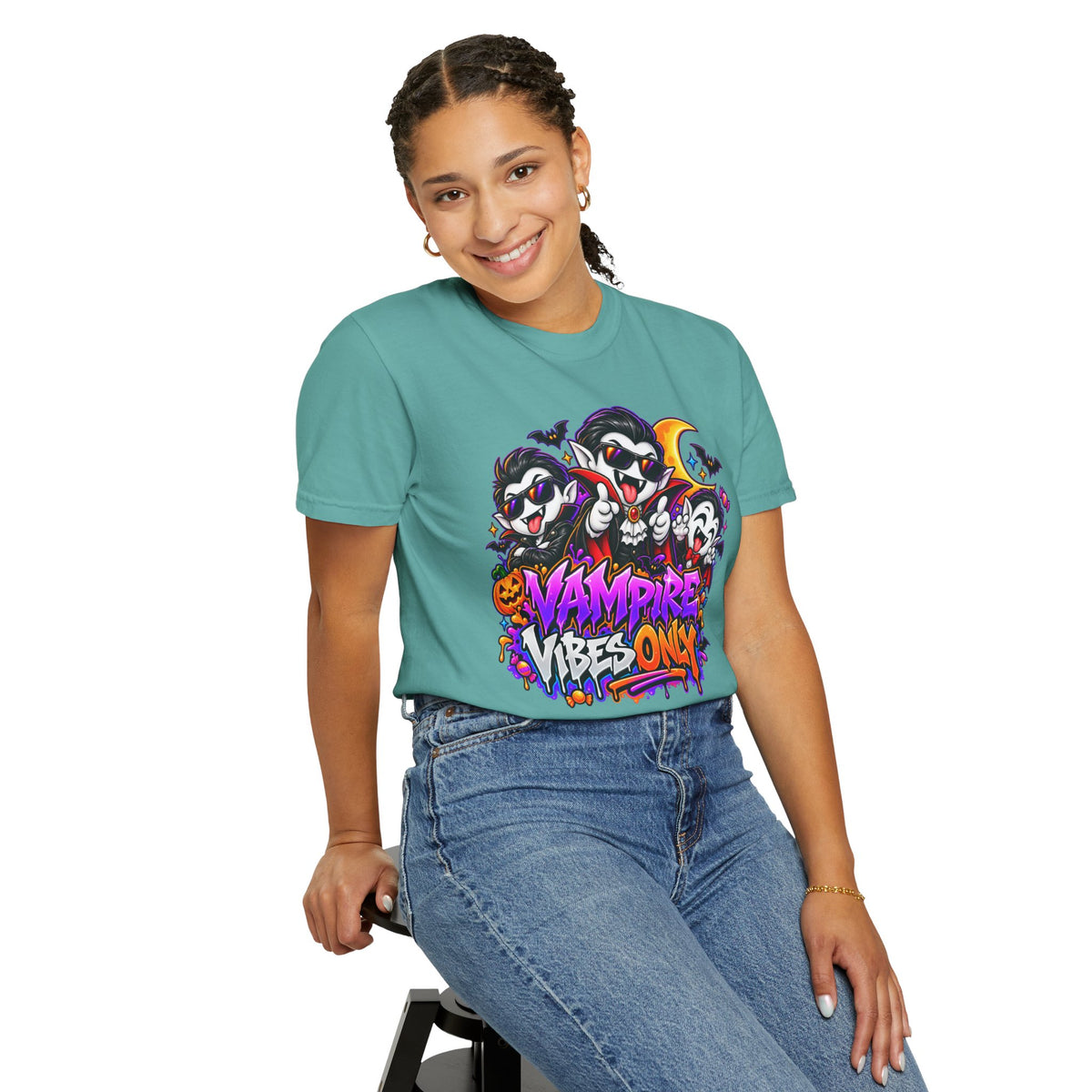 Neon Vampire Vibes Halloween Unisex Garment-Dyed T-Shirt Featuring a Cool Festora Vampire Crew