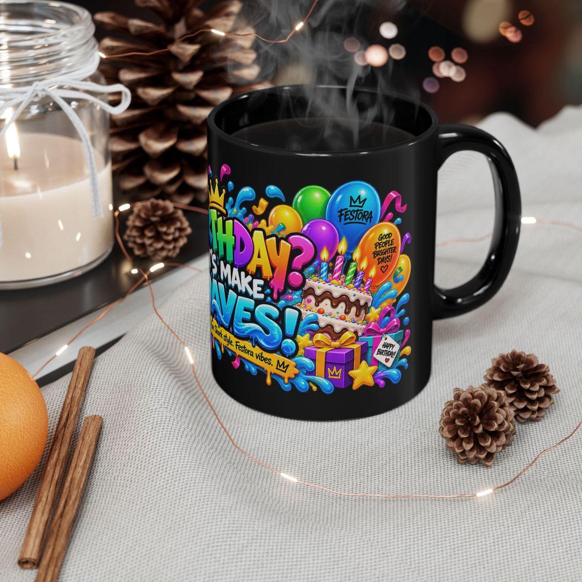 BIRTHDAY? LET’S MAKE WAVES! Black Ceramic Mug – Funny Shark Birthday Coffee Cup – Original FestoraShop Design