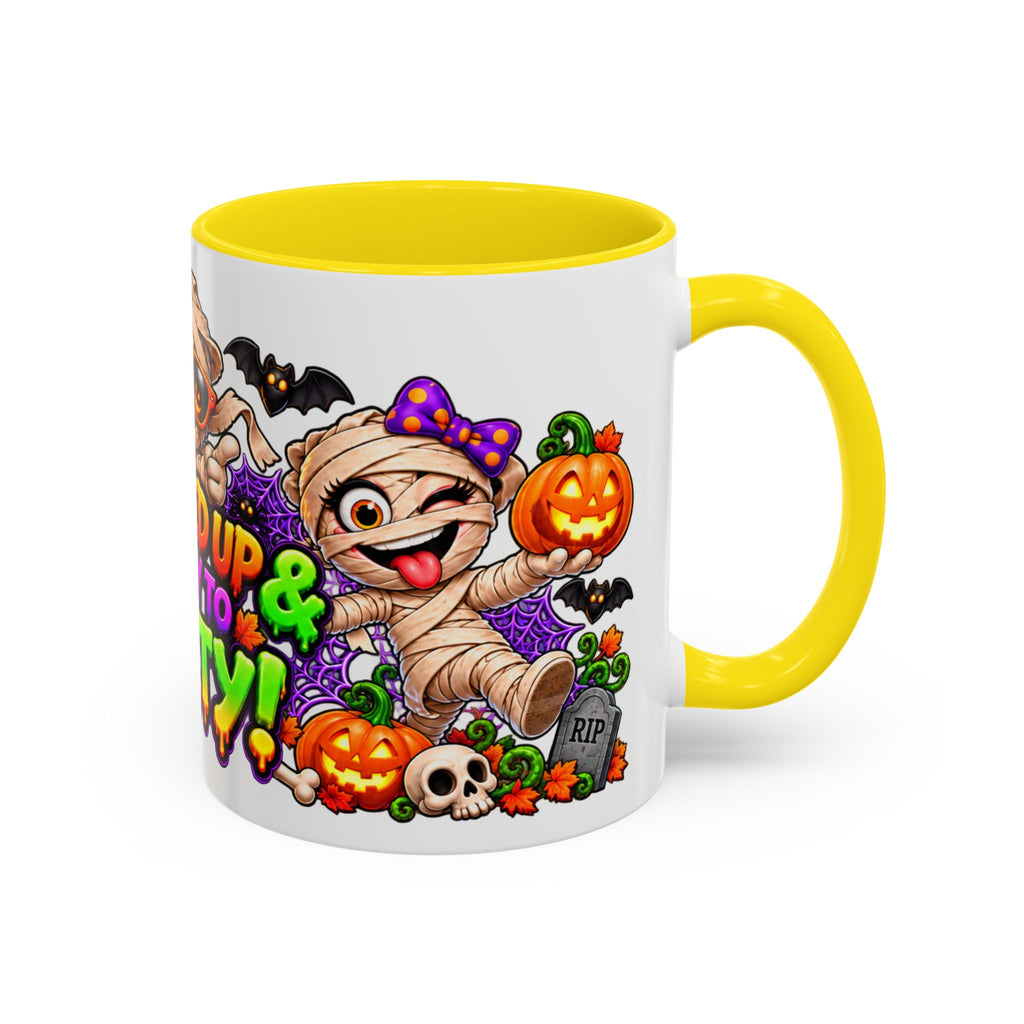 Wrapped Up & Ready to Party White Mug – Funny Mummies & Spooky Party Design