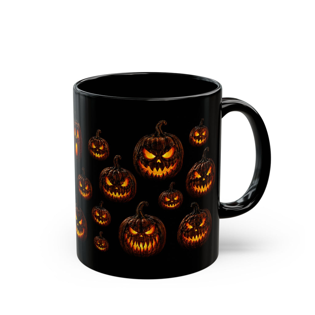 Glowing Evil Jack-O'-Lantern Black Mug - Halloween Pumpkin Wraparound Design (11oz, 15oz)