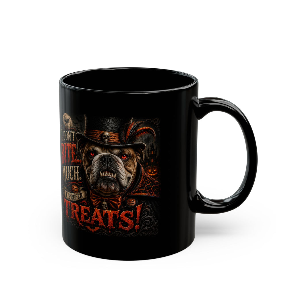 Halloween Bulldog Mug — "I Don't Bite Much. I Prefer Treats!" Black Coffee Cup