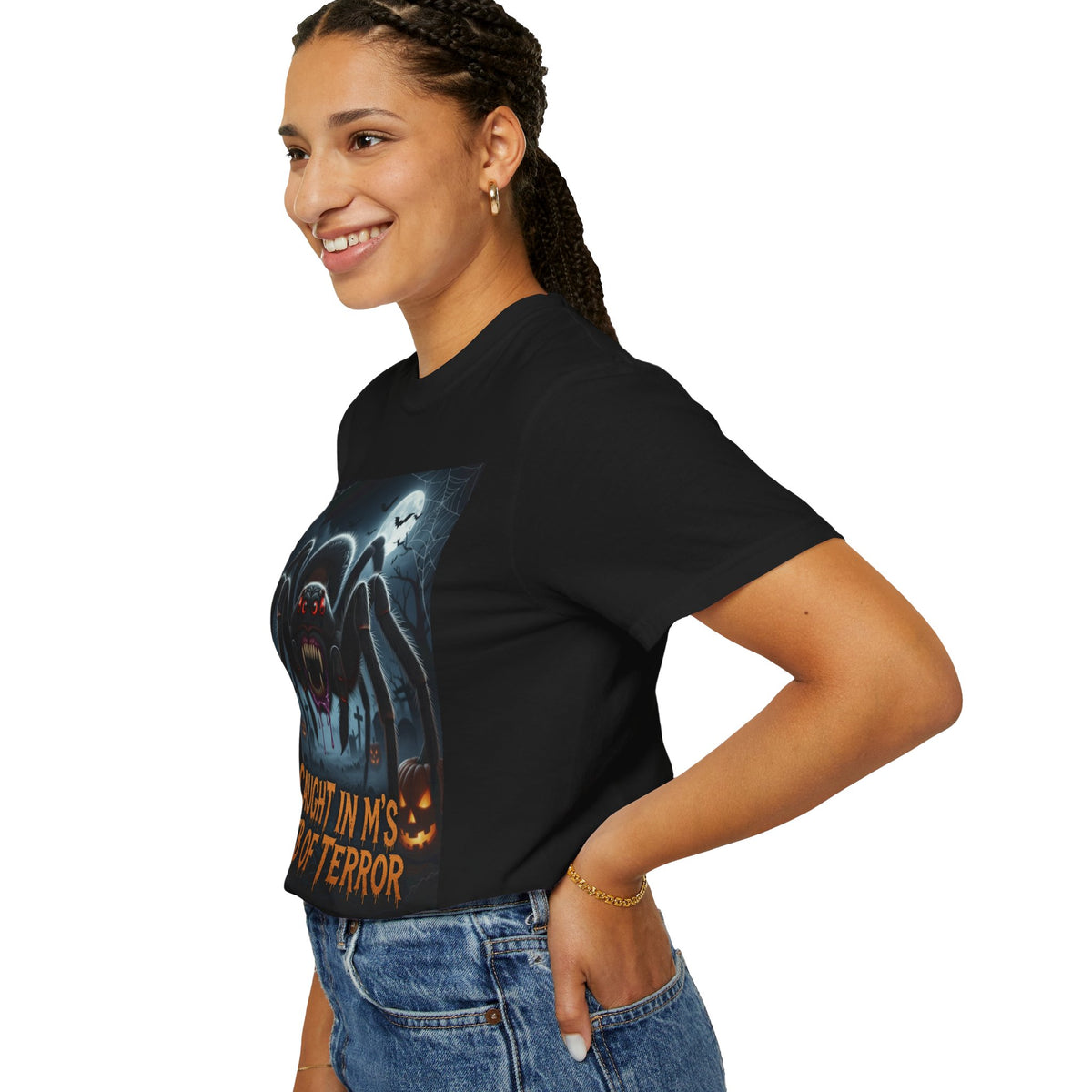Spider Halloween T-Shirt — "Caught in M's Web of Terror" Horror Graphic Tee