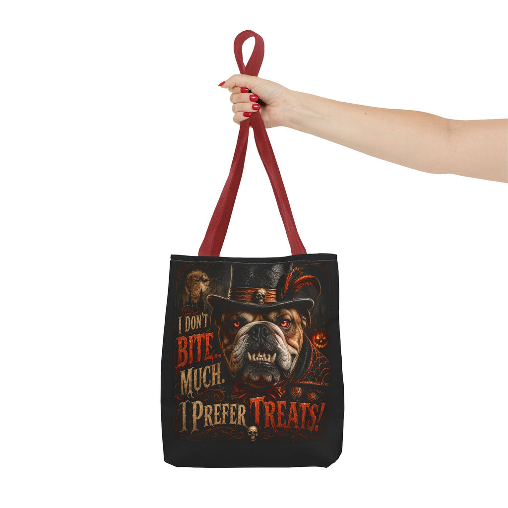 Halloween Bulldog Tote Bag — "I Don't Bite Much, I Prefer Treats" Candy‑Lovers Reusable Bag