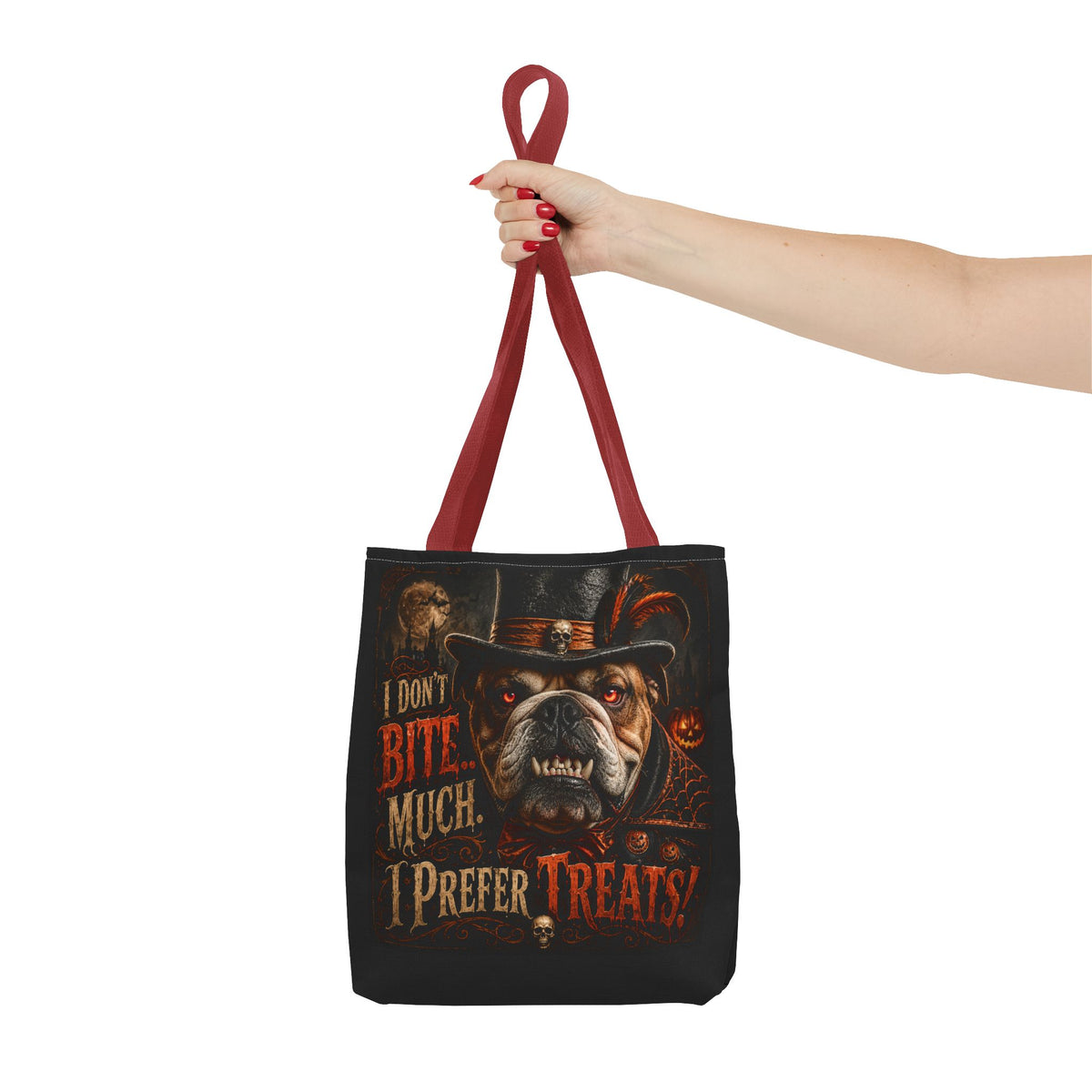 Halloween Bulldog Tote Bag — "I Don't Bite Much, I Prefer Treats" Candy‑Lovers Reusable Bag