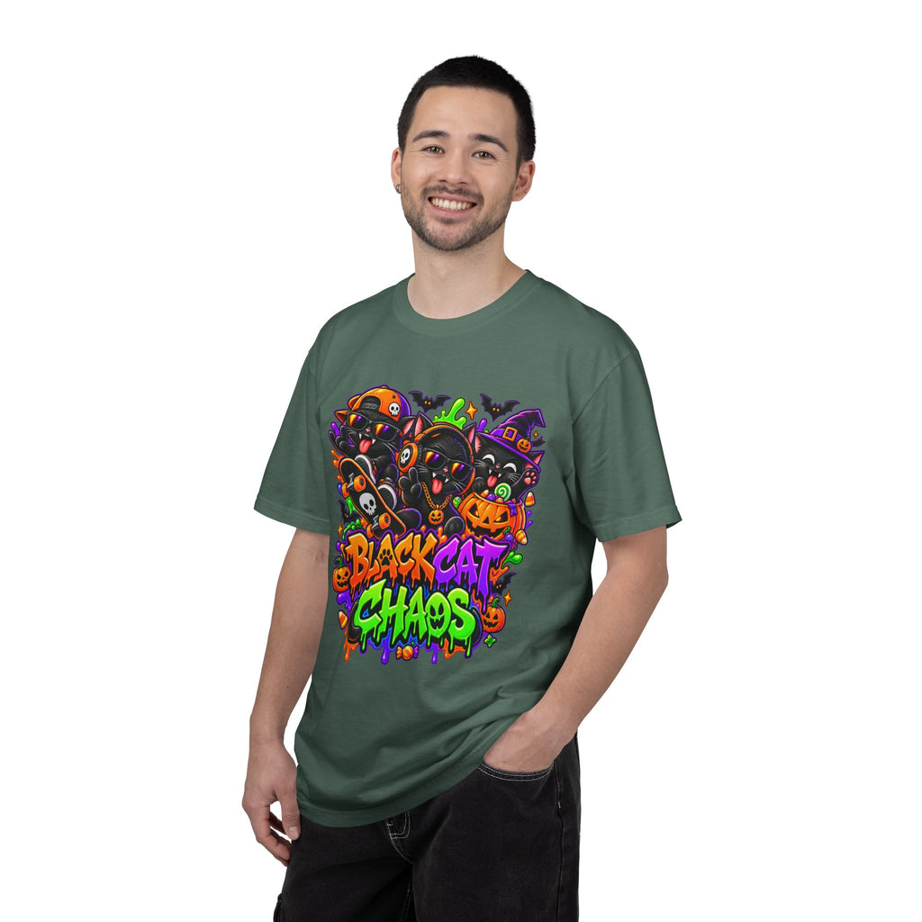 Neon Black Cat Halloween Chaos T-Shirt | Cute Spooky Cat Graphic Tee