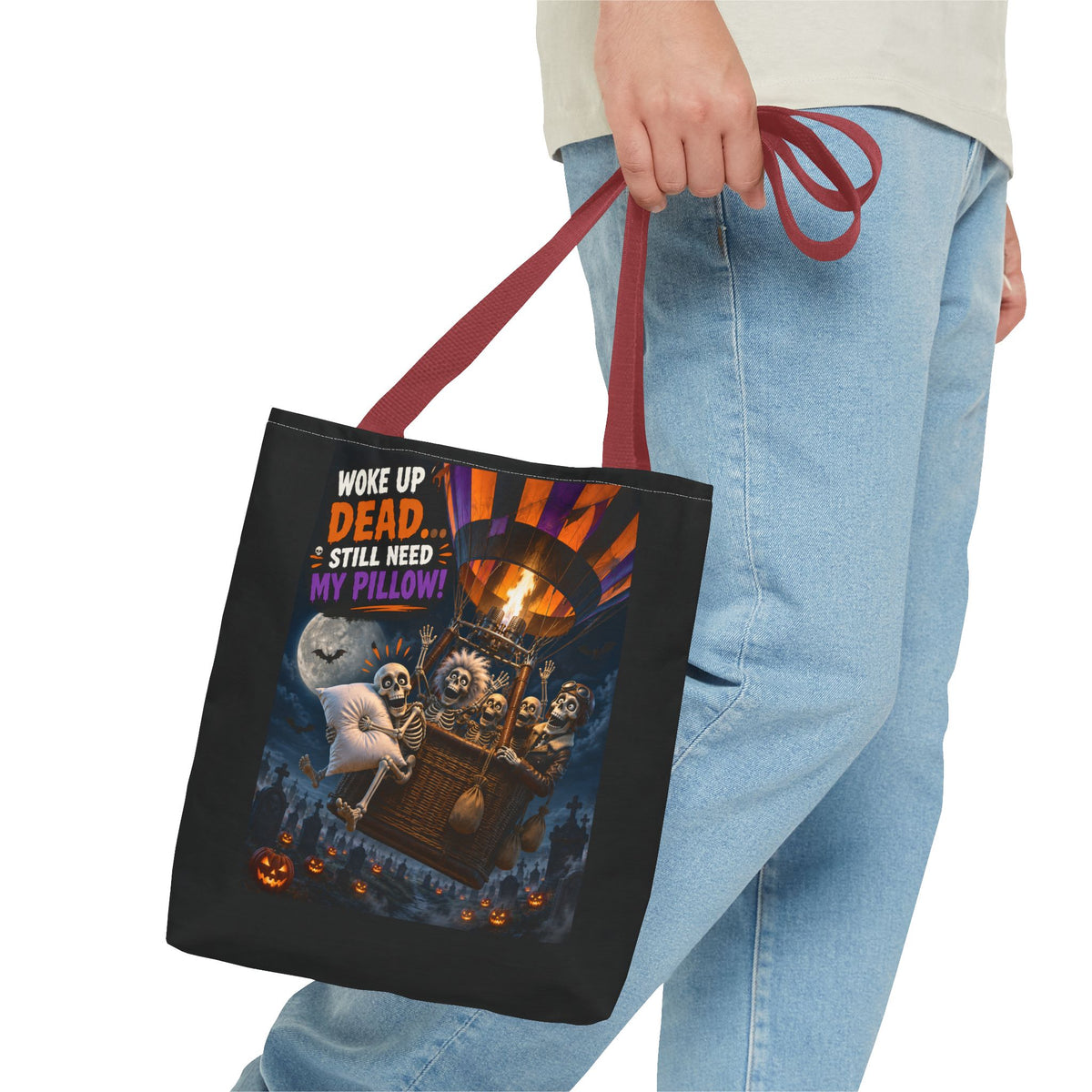 Halloween Ghost Tote — "Woke Up Dead... Still Need My Pillow" All-Over Print Tote