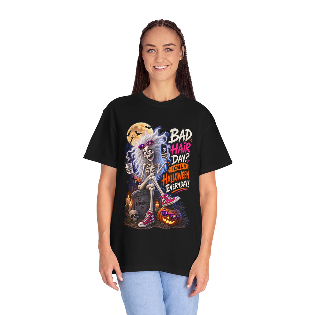 Halloween T-Shirt — “Bad Hair Day? I Call It Halloween Everyday!” Gothic Skeleton Tee