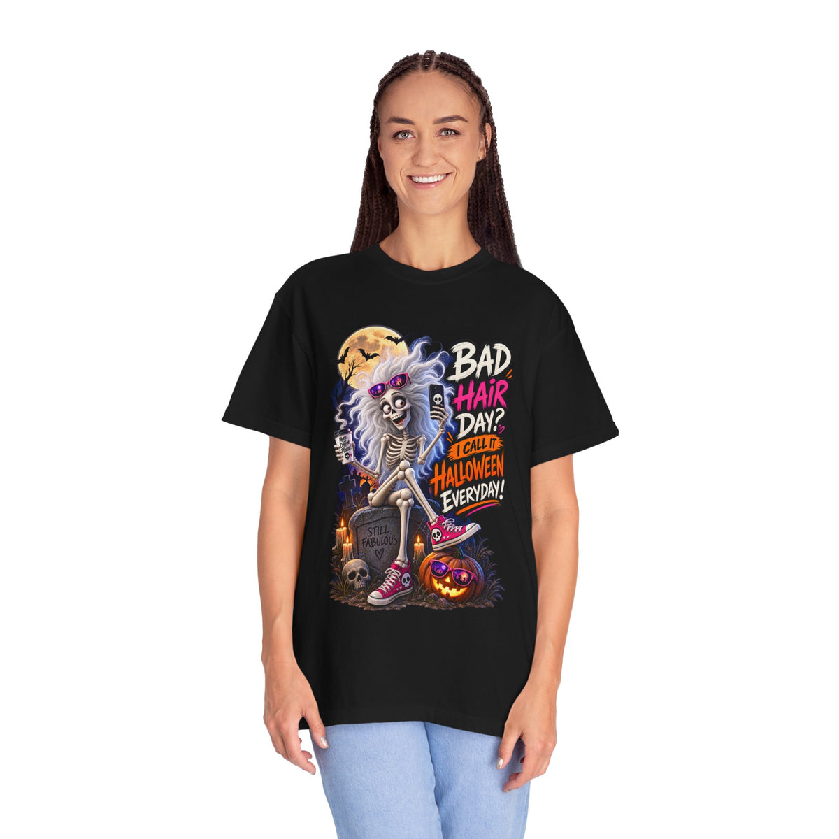 Halloween T-Shirt — “Bad Hair Day? I Call It Halloween Everyday!” Gothic Skeleton Tee