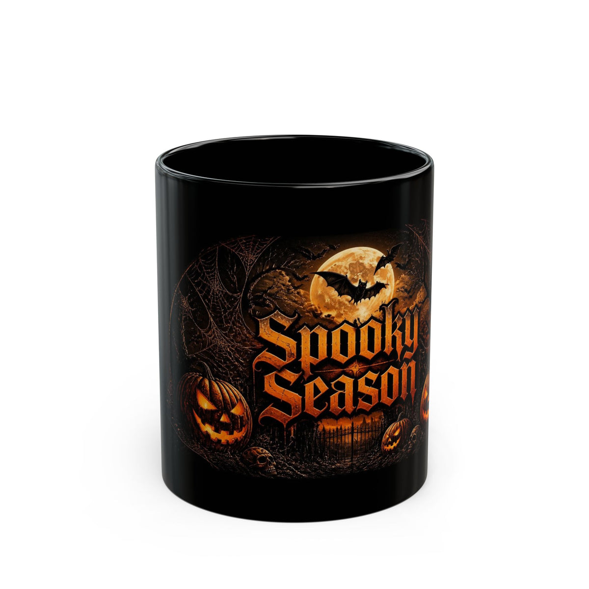 Spooky Season Black Mug – Halloween Pumpkin & Bat Coffee Cup (11oz/15oz)