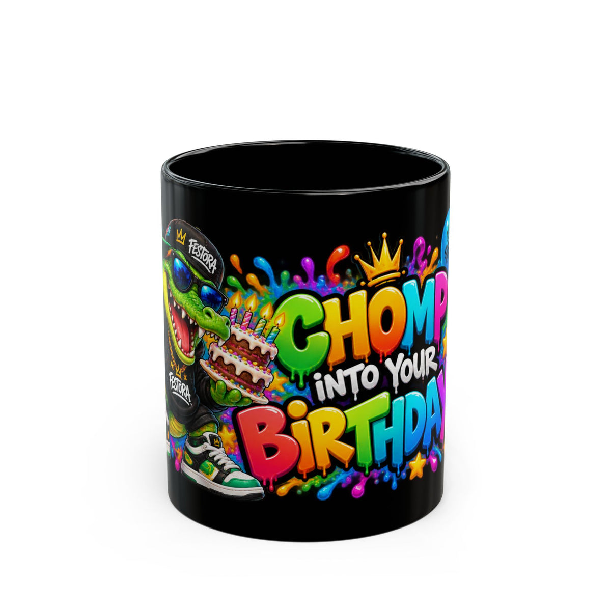 CHOMP INTO YOUR BIRTHDAY! Black Ceramic Mug – Funny Crocodile Birthday Coffee Cup – Colorful Party Gift – Original FestoraShop Design