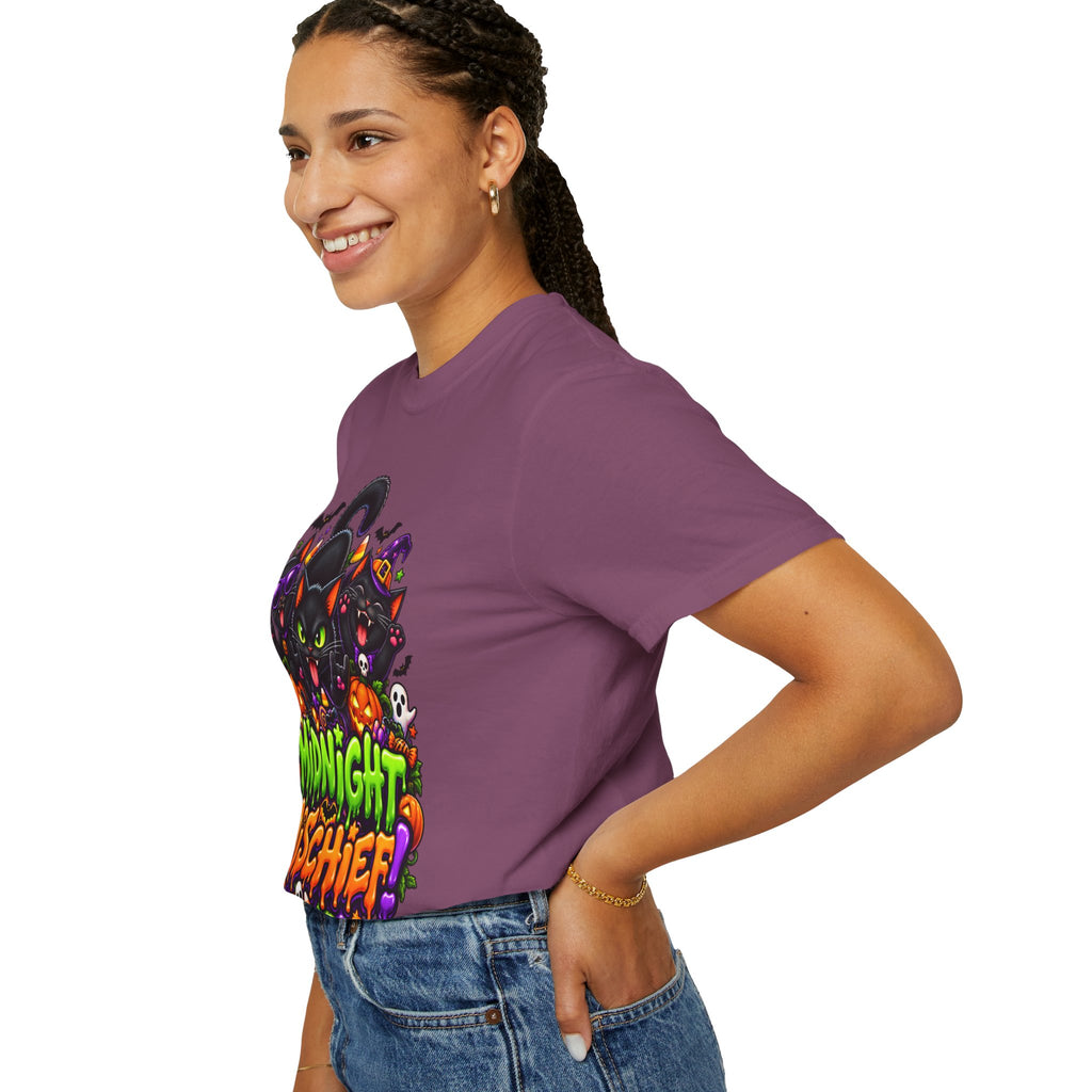 Midnight Mischief Halloween T-Shirt – Funny Black Cat Graphic Tee