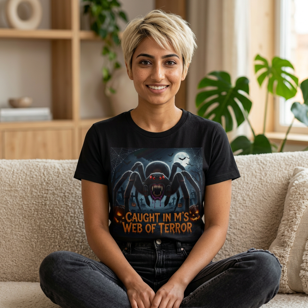 Spider Halloween T-Shirt — "Caught in M's Web of Terror" Horror Graphic Tee