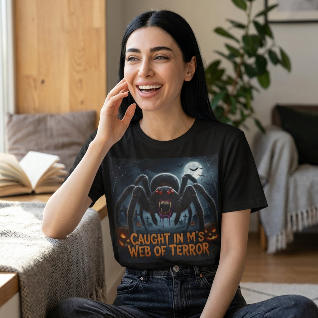 Spider Halloween T-Shirt — "Caught in M's Web of Terror" Horror Graphic Tee