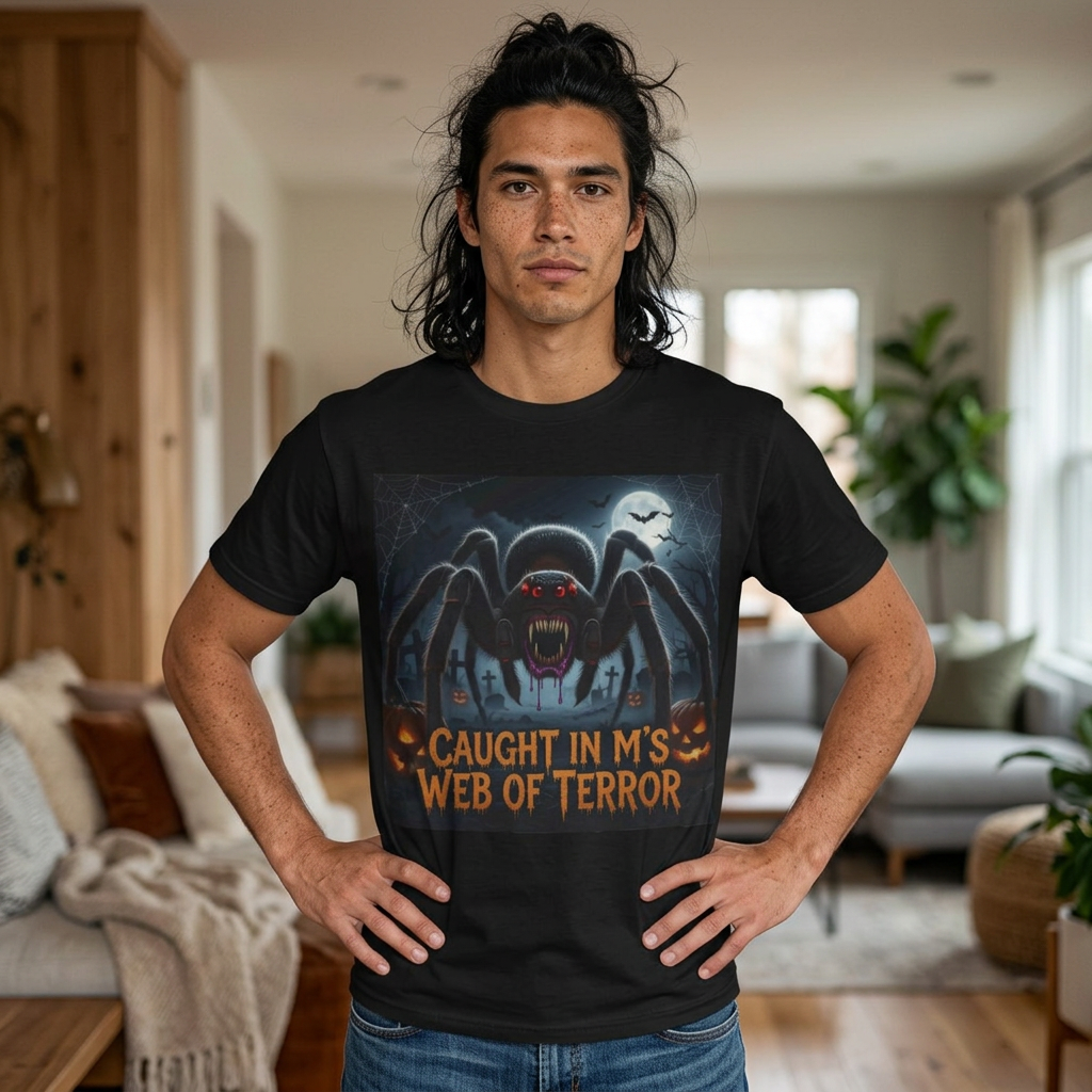 Spider Halloween T-Shirt — "Caught in M's Web of Terror" Horror Graphic Tee