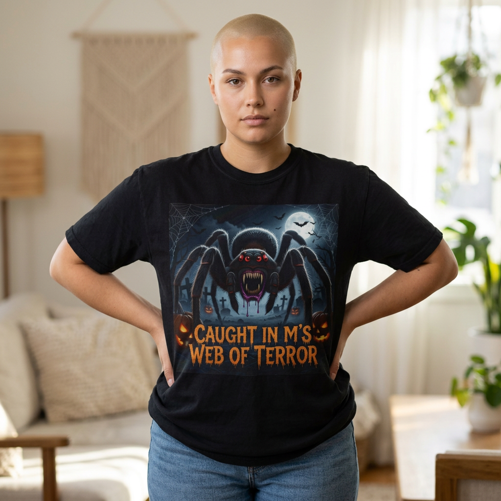 Spider Halloween T-Shirt — "Caught in M's Web of Terror" Horror Graphic Tee