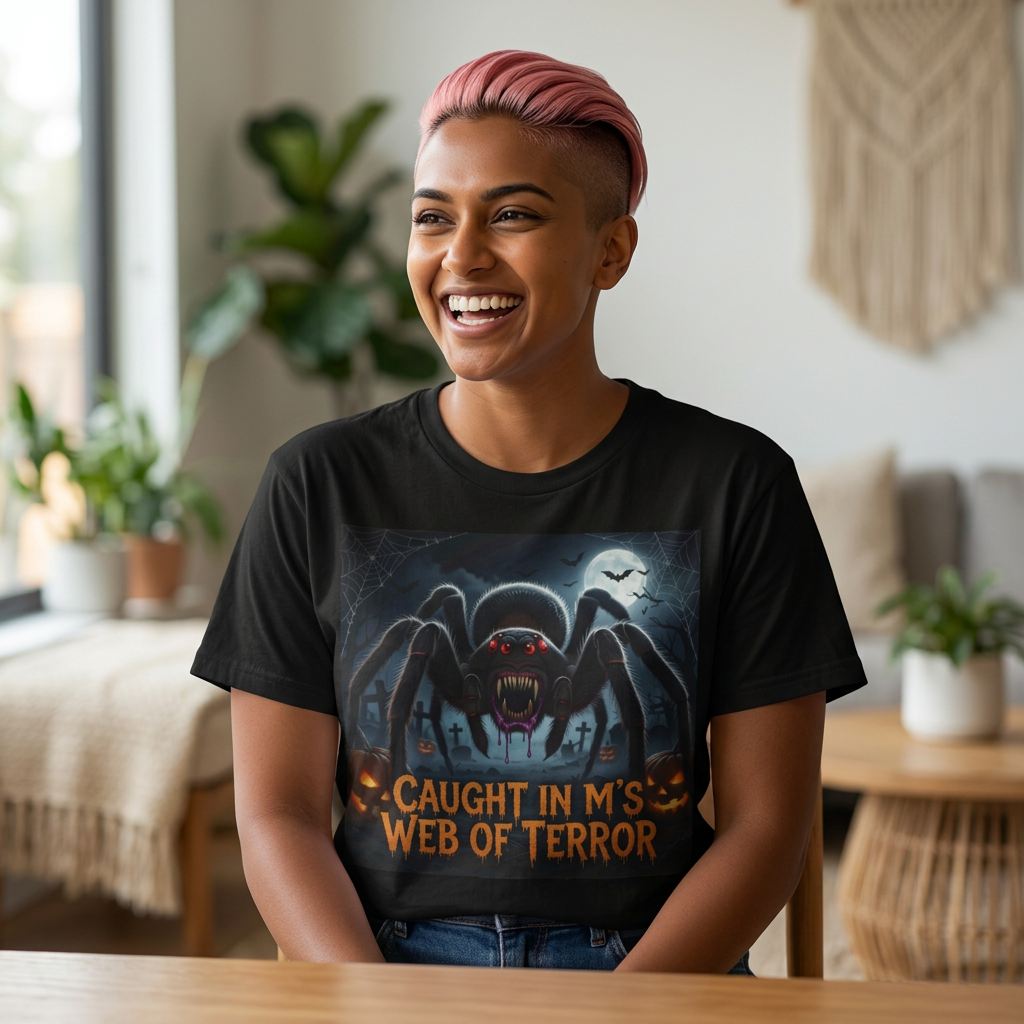 Spider Halloween T-Shirt — "Caught in M's Web of Terror" Horror Graphic Tee