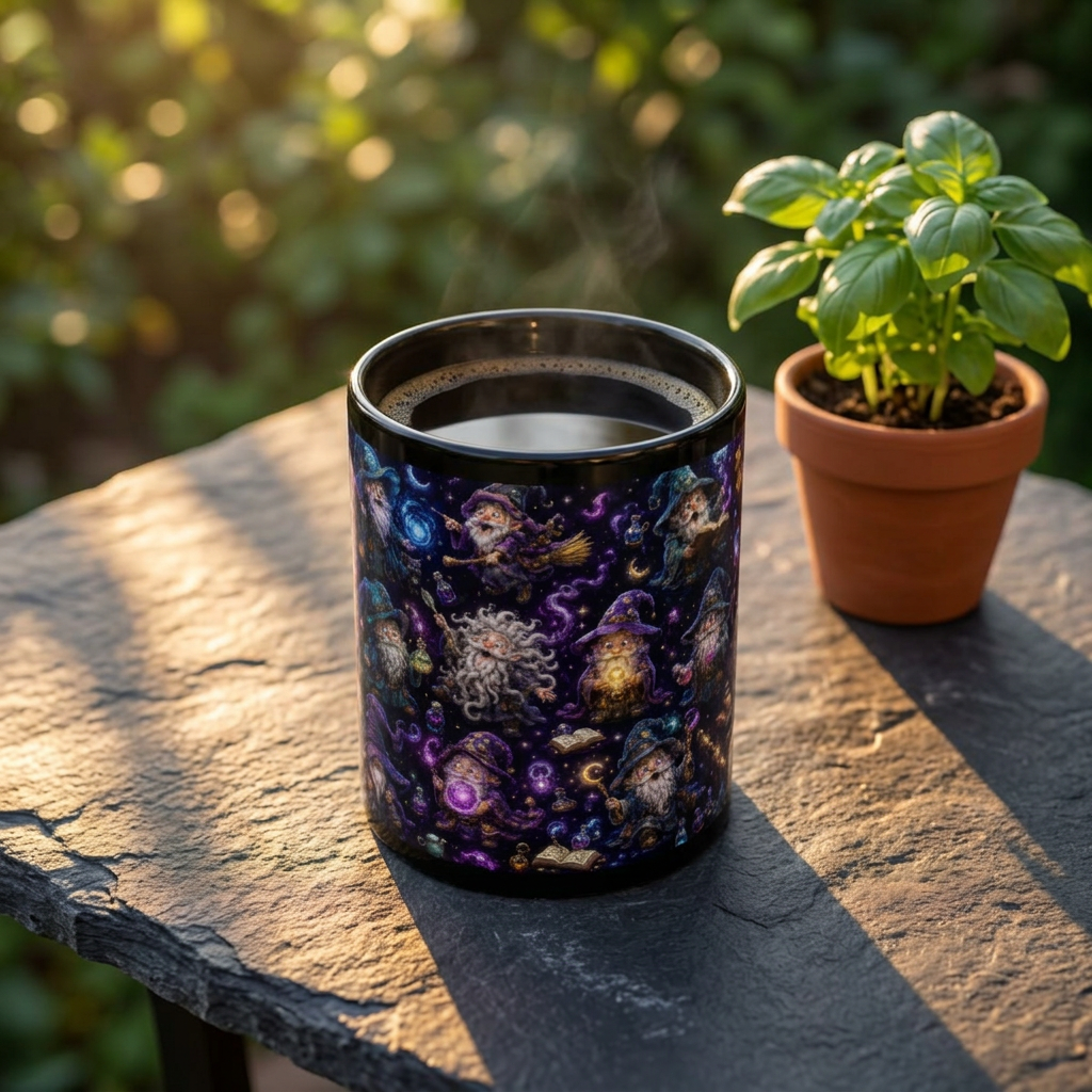 Magic Wizard Pattern Black Mug — Cute Wizardry Coffee Cup (11oz/15oz)