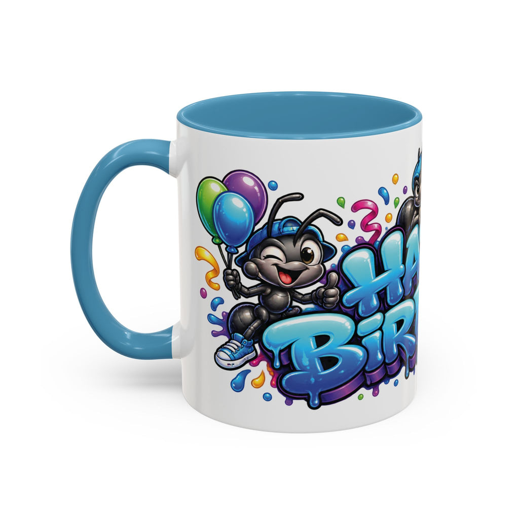 Happy Birthday Cartoon Mug – Graffiti Ants, Birthday Cake, Balloons & Confetti Coffee Cup