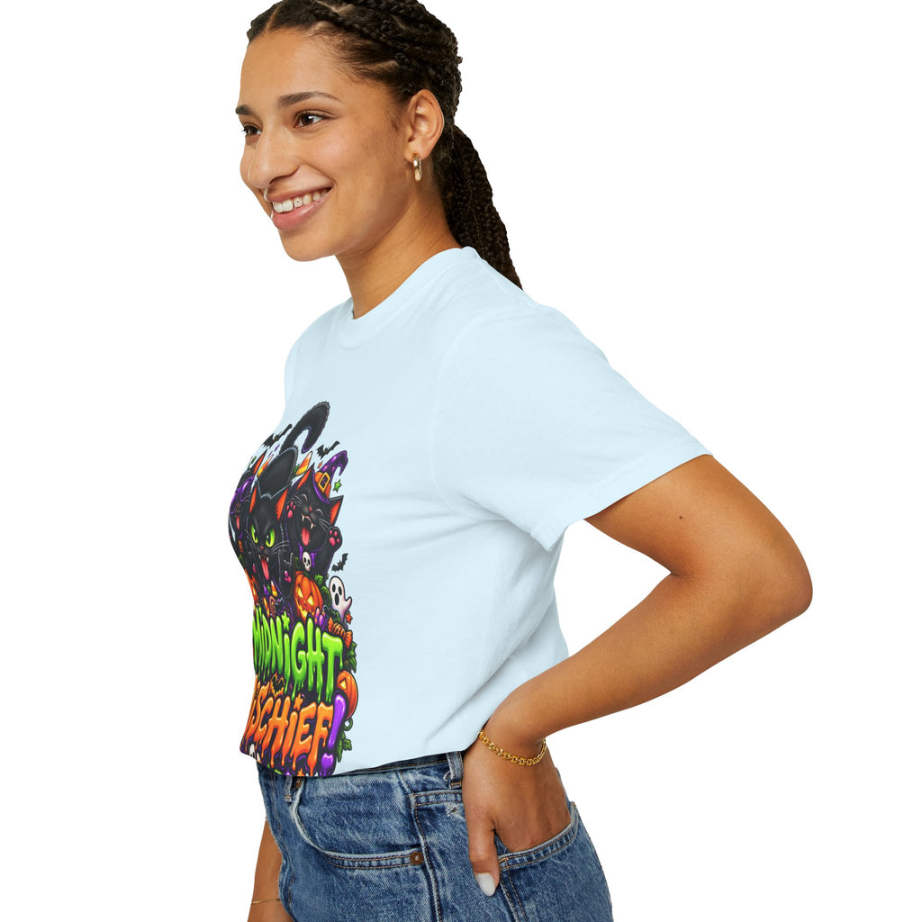 Midnight Mischief Halloween T-Shirt – Funny Black Cat Graphic Tee
