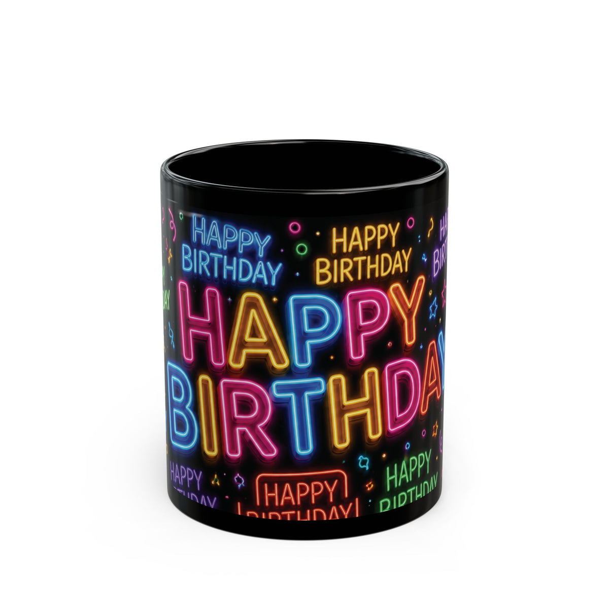 Happy Birthday Neon Typography Mug — Colorful Black Celebration Cup