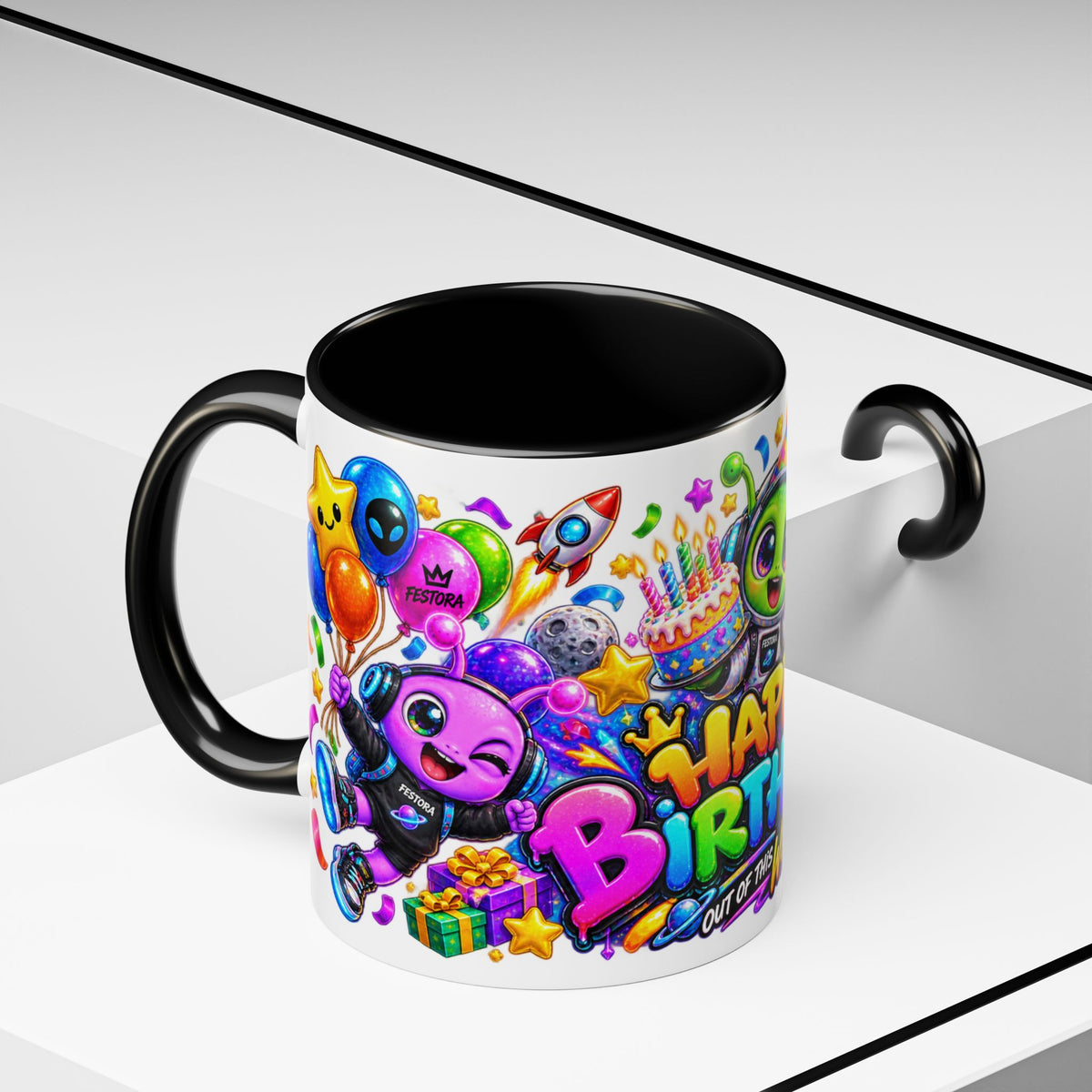 Happy Birthday Out of This World Accent Mug — Cute Alien Space Birthday Coffee Cup (11oz)