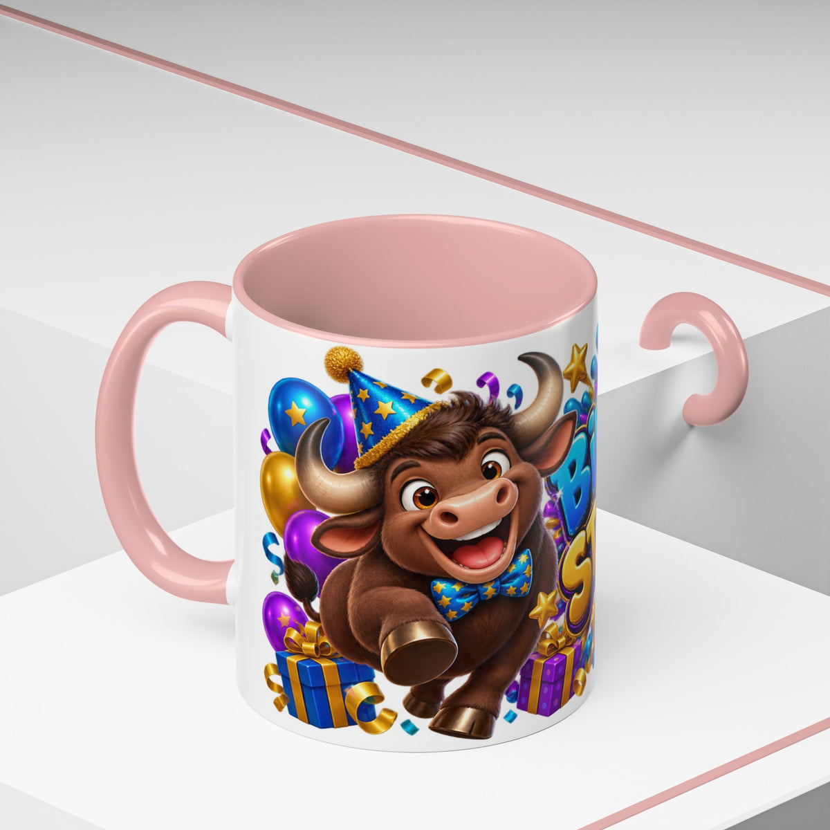 Birthday Stampede White Mug – Cute Buffalo Birthday Cup, Colorful Fun Party Gift