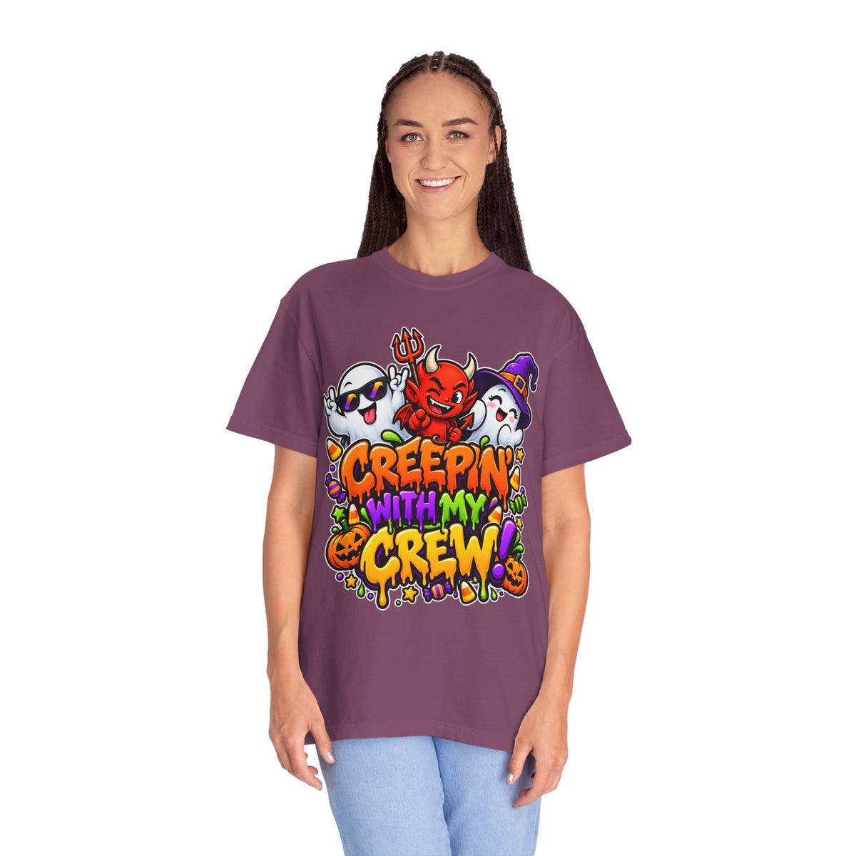 Creepin’ With My Crew Halloween T-Shirt – Colorful Funny Ghost & Devil Graphic Tee
