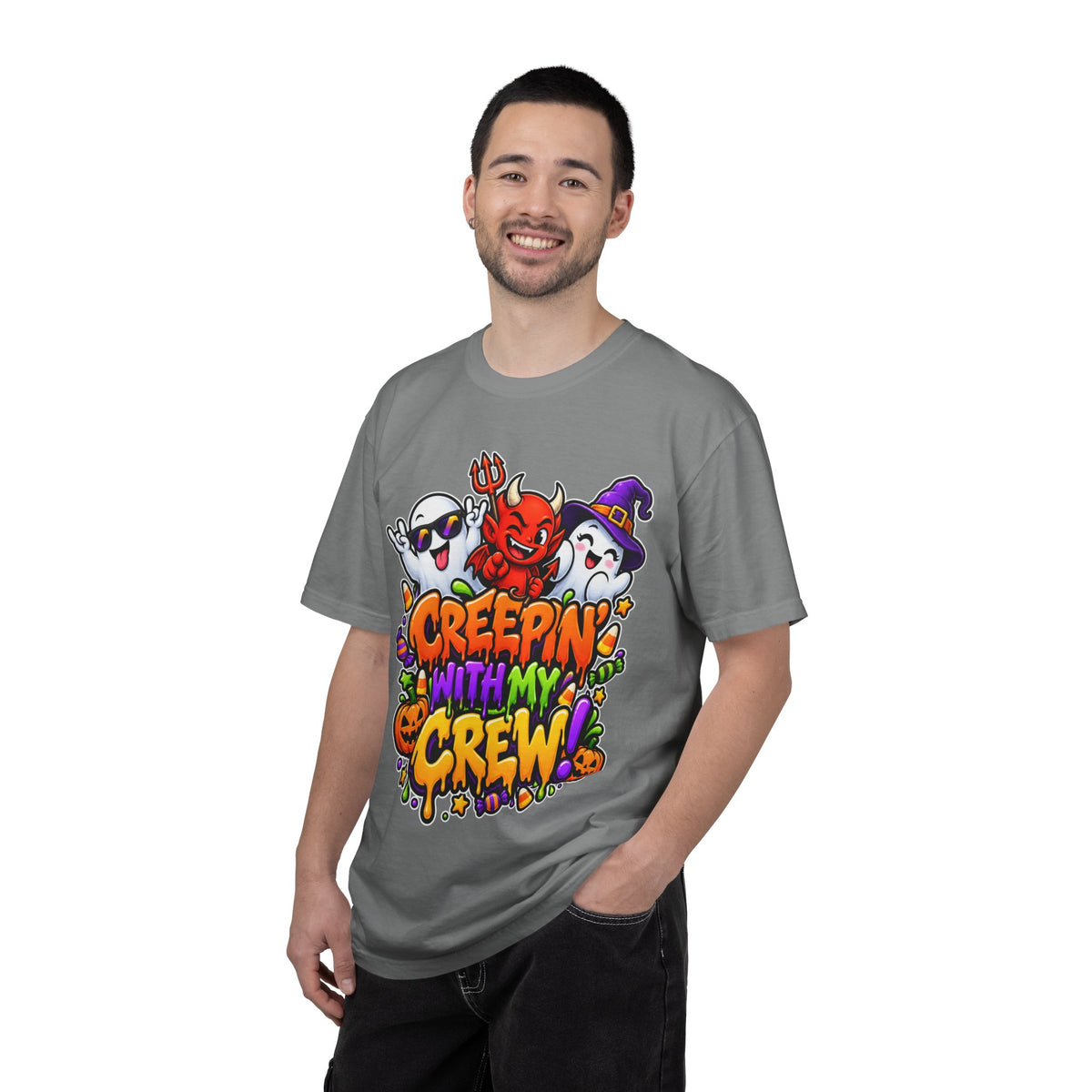 Creepin’ With My Crew Halloween T-Shirt – Colorful Funny Ghost & Devil Graphic Tee
