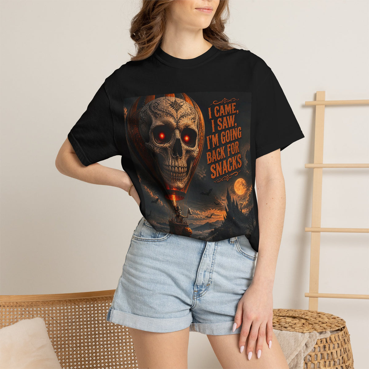 Halloween Skull T-Shirt — “I Came, I Saw, I’m Going Back for Snacks” Graphic Tee