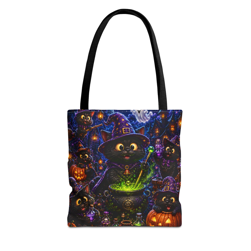 Halloween Black Cat Witches Tote Bag — Cute 3D Cats, Cauldron & Pumpkins Design