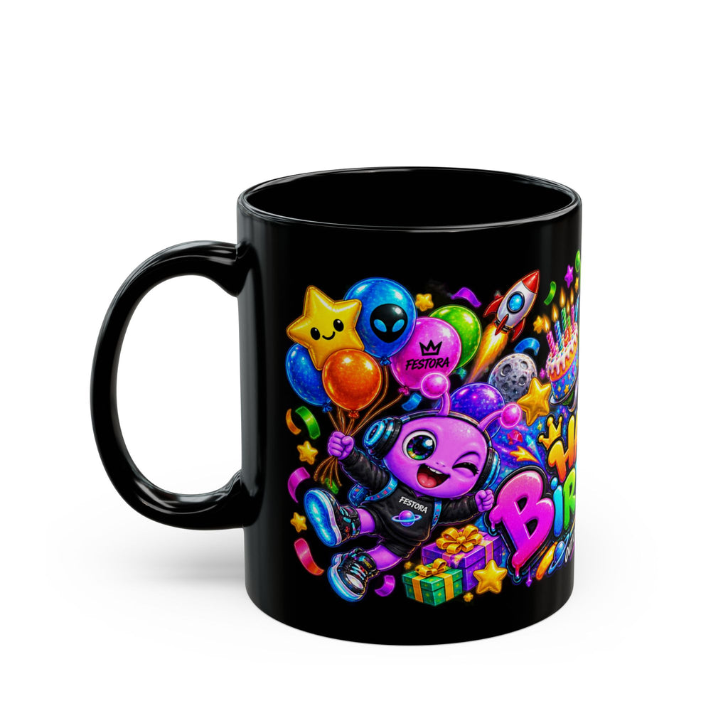 Happy Birthday Out Of This World Mug — Colorful Alien Birthday Coffee Cup