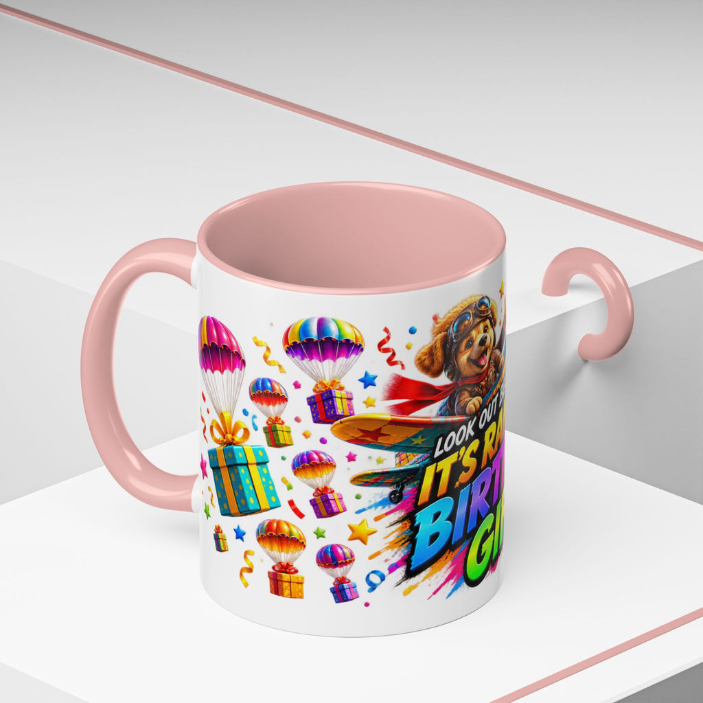 Birthday Gifts Coffee Mug — "It's Raining Birthday Gifts!" Colorful Accent Mug