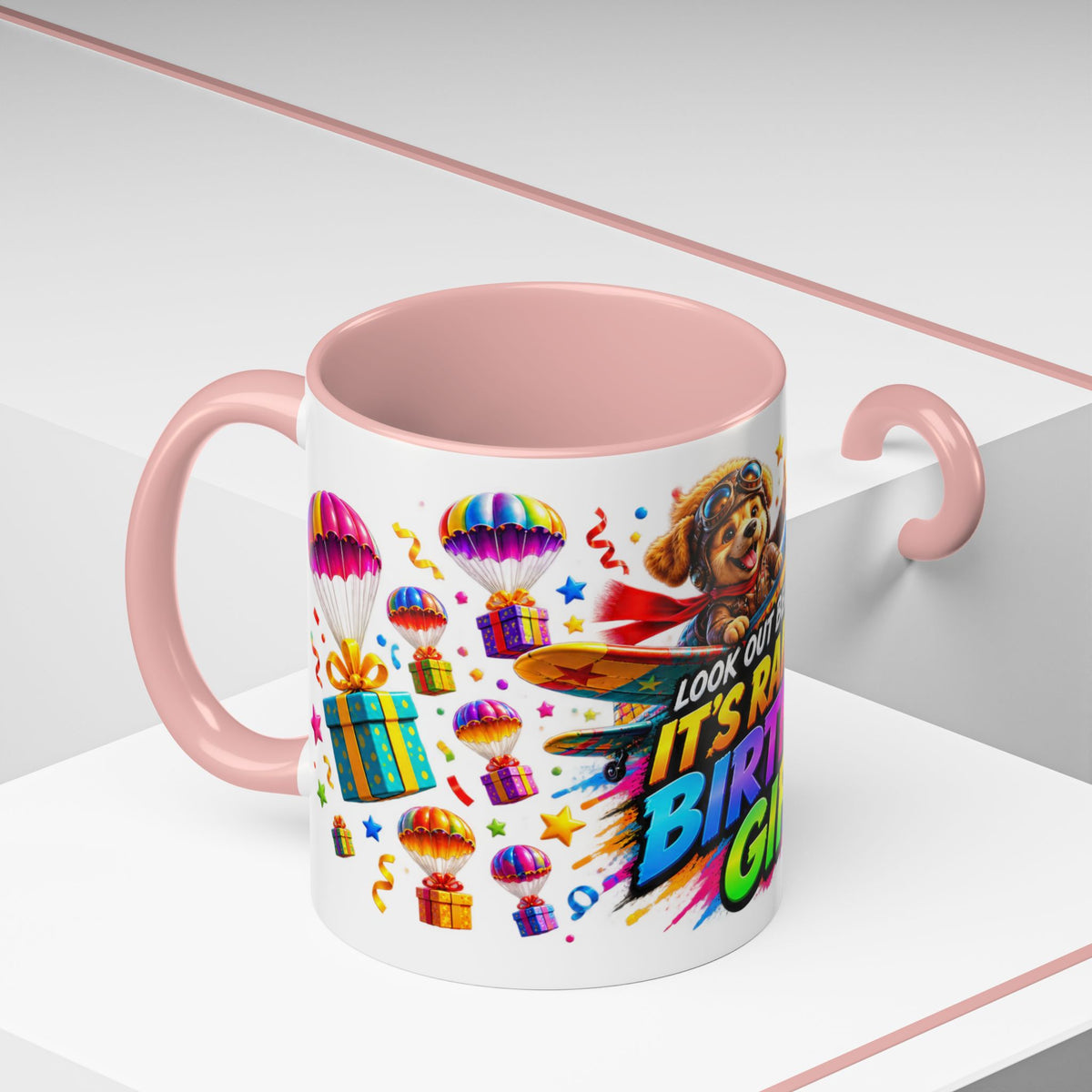 Birthday Gifts Coffee Mug — "It's Raining Birthday Gifts!" Colorful Accent Mug