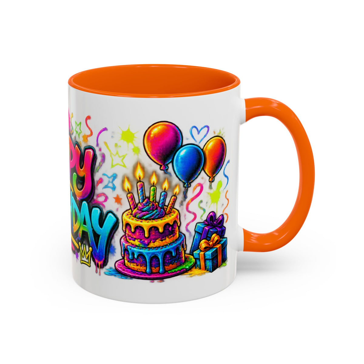 Happy Birthday Accent Coffee Mug – Colorful Graffiti Cake & Balloons (11/15oz)