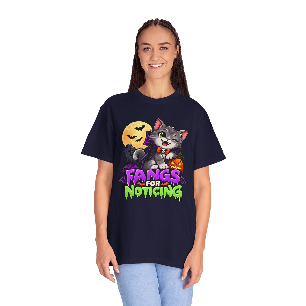 Fangs for Noticing – Cute Vampire Cat Halloween T-Shirt