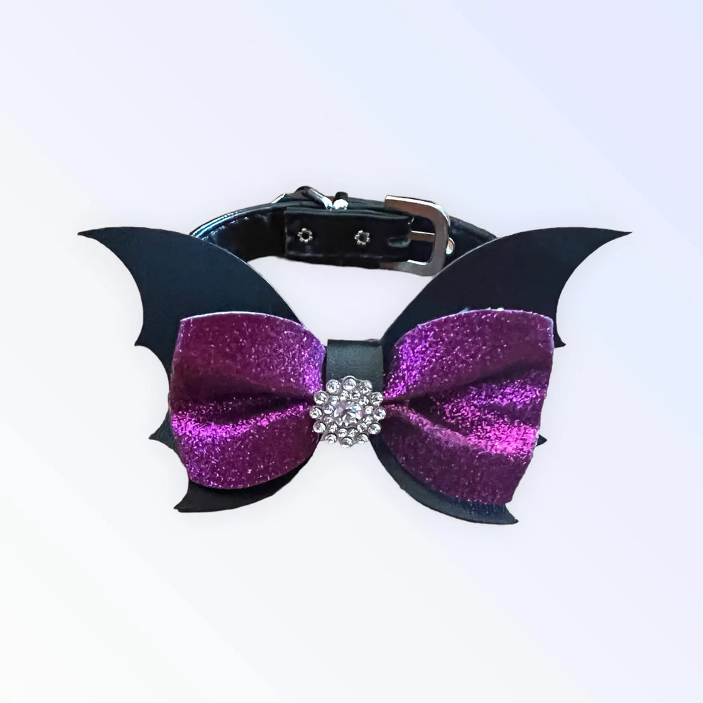 Bat Wing Bow Dog Collar – Purple Rhinestone Statement Style