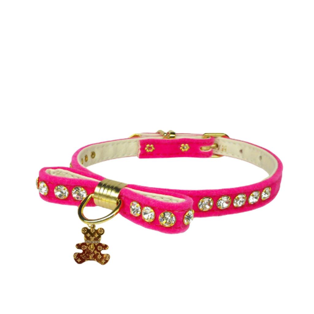 Velvet Bow Bear Charm Dog Collar – Crystal Studded Boutique Style