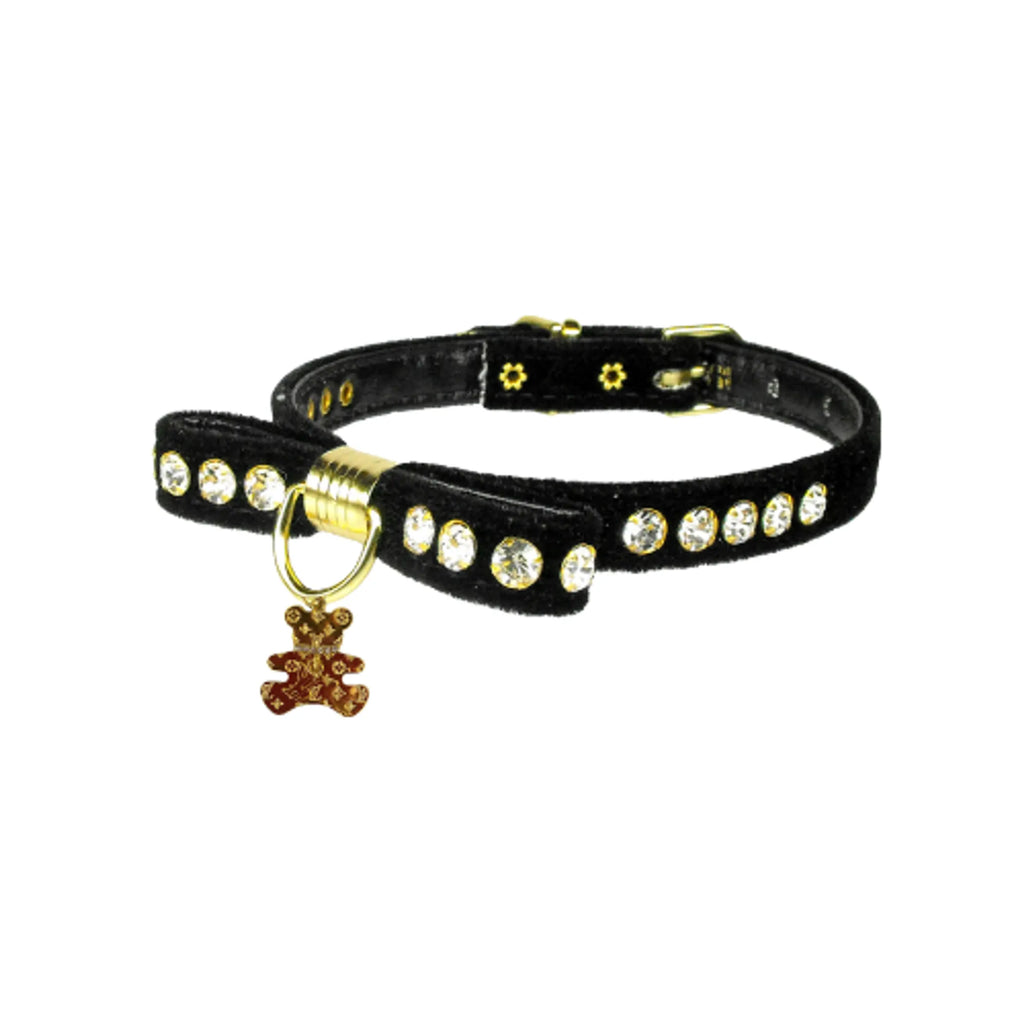 Velvet Bow Bear Charm Dog Collar – Crystal Studded Boutique Style